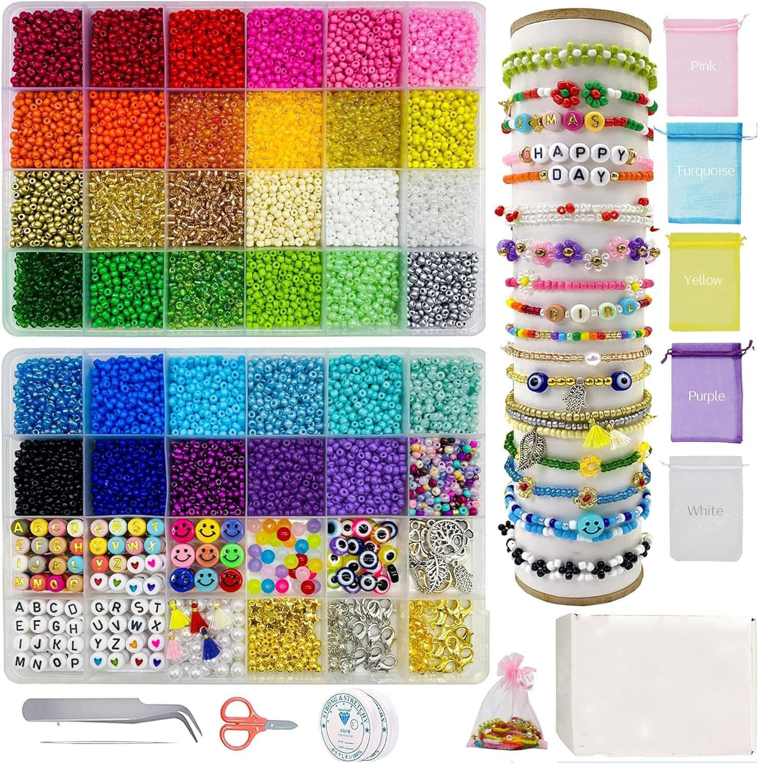 Refined Living Kreativset Bastelperlen Armband Perlen Set 3mm Glasperlen DIY Schmuck, Armbänder, (16000 Bastelperlen Set – 36 Farben, 22 Zubehörteile, DIY Armbänder, 1-tlg., Glasperlen zur Herstellung von Armbändern, Ketten und Ohrringen), für DIY Armband Schmuckherstellung Kit mit Werkzeug