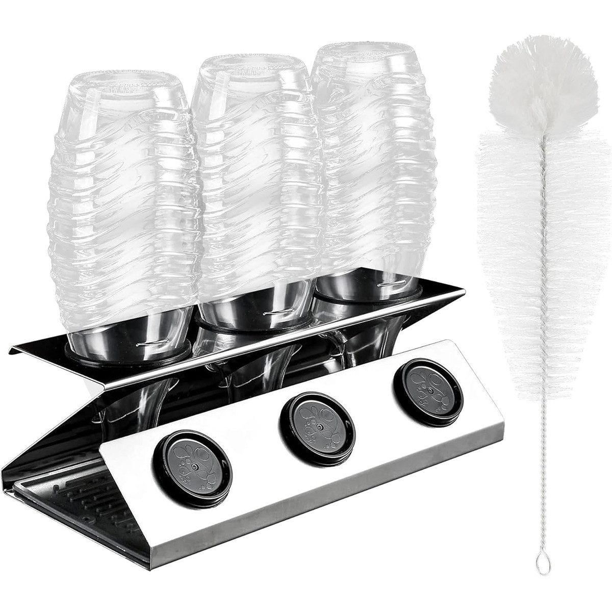 BlingBin Flaschenhalter Edelstahl Abtropfhalter,Deckelhalter Abtropfständer, (1 Set, 1-St., mit Einer Reinigungsbürste und Silikon Abtropfwanne), für Soda -Flaschen -Trocknungsregal, für Heimküche