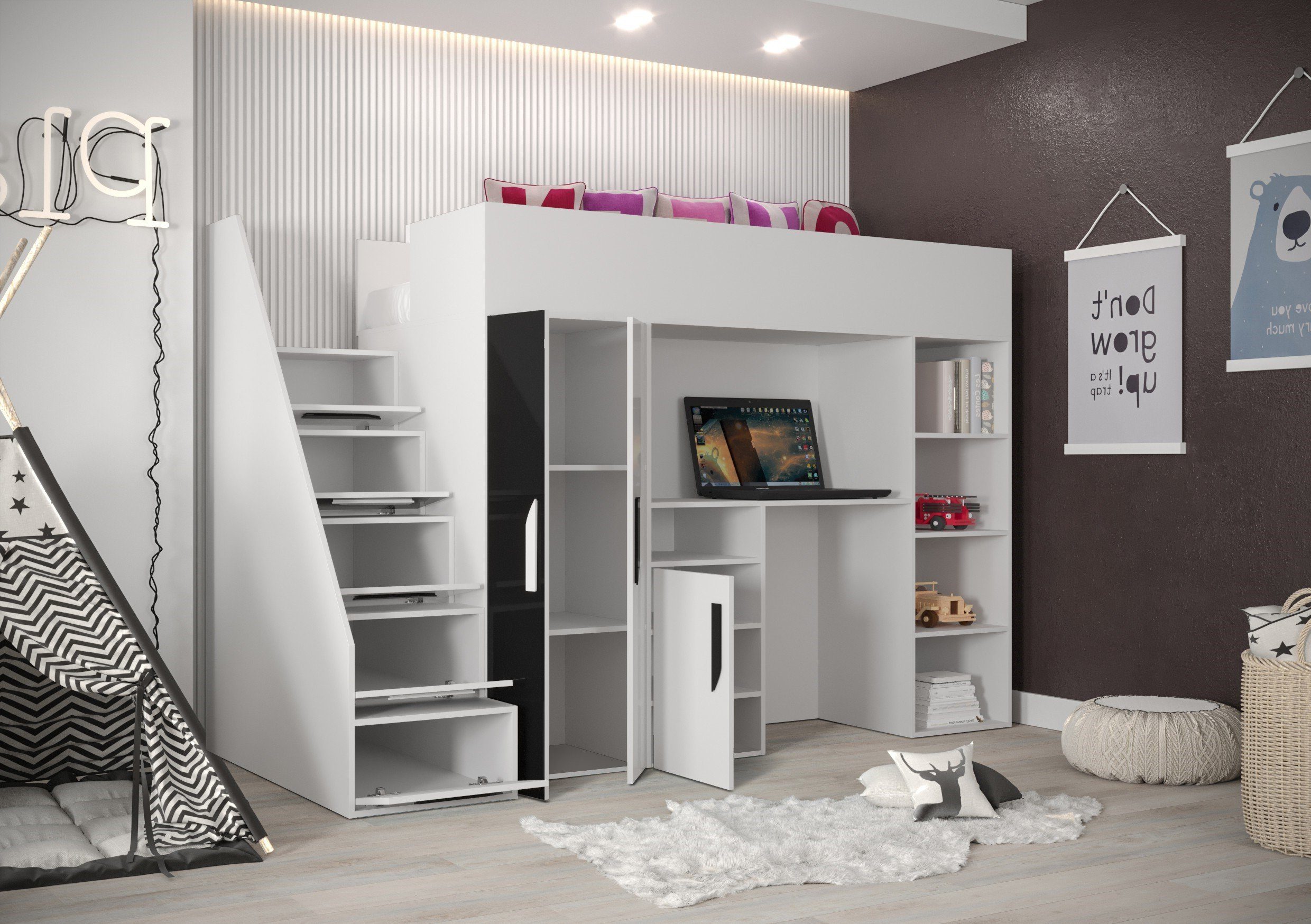 Kinderbett Hochbett Inkl. Schreibtisch, wählbar Farbe Weiß/Schwarz 14, Unique Treppe Home PAR Kleiderschrank und