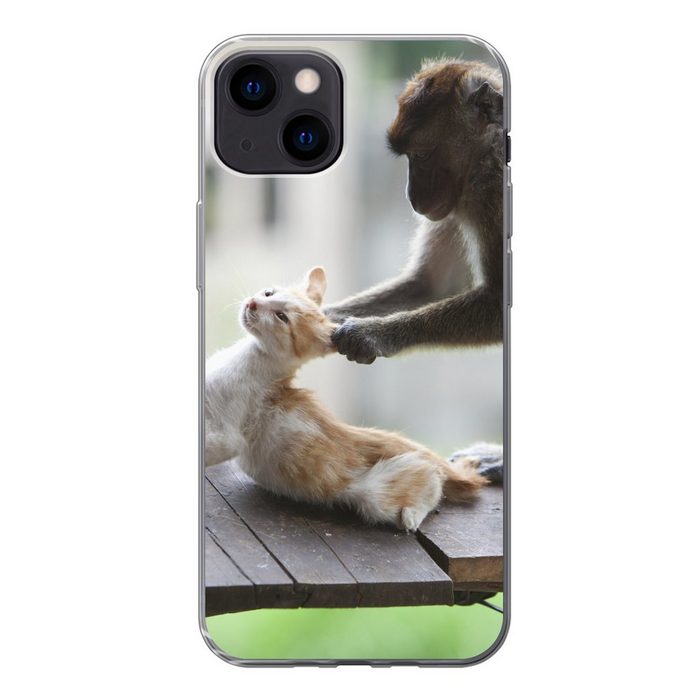 MuchoWow Handyhülle Katze - Affe - Holz Handyhülle Apple iPhone 13 Smartphone-Bumper Print Handy