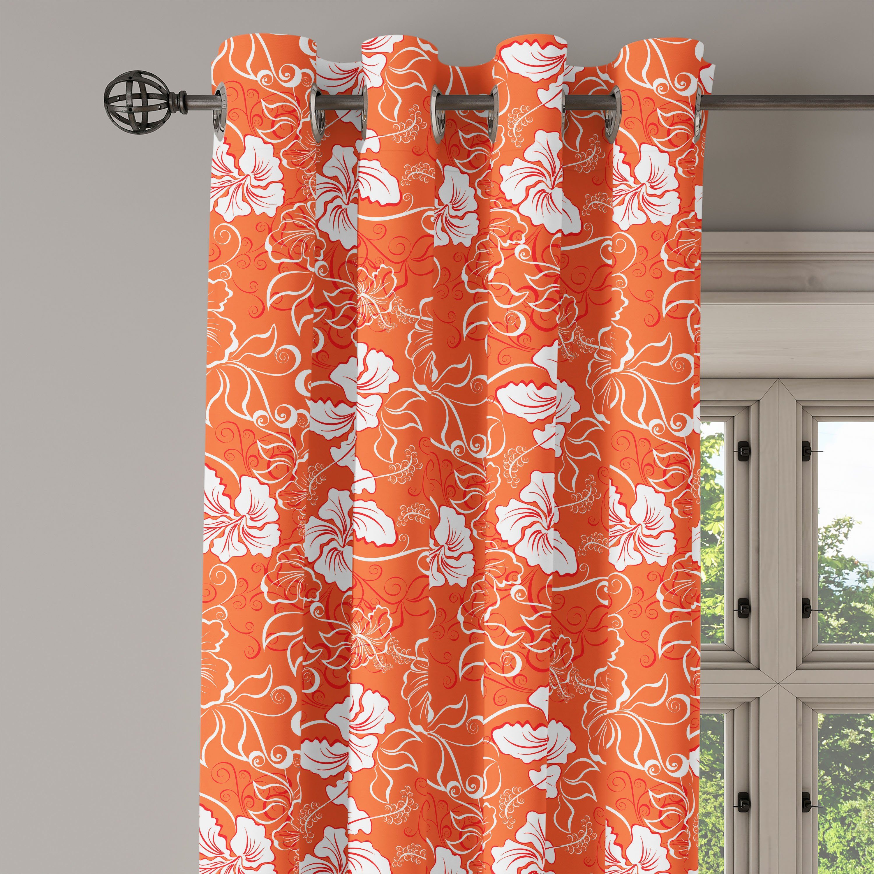Abakuhaus, für Tropical Wohnzimmer, orange Schlafzimmer 2-Panel-Fenstervorhänge Gardine Burnt Hibiscus Dekorative