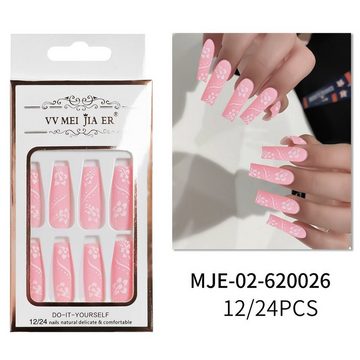 AUKUU Kunstfingernägel Lange Lange tragbare Nägel künstlicher Nagelflicken rosa, Blumenmaniküre