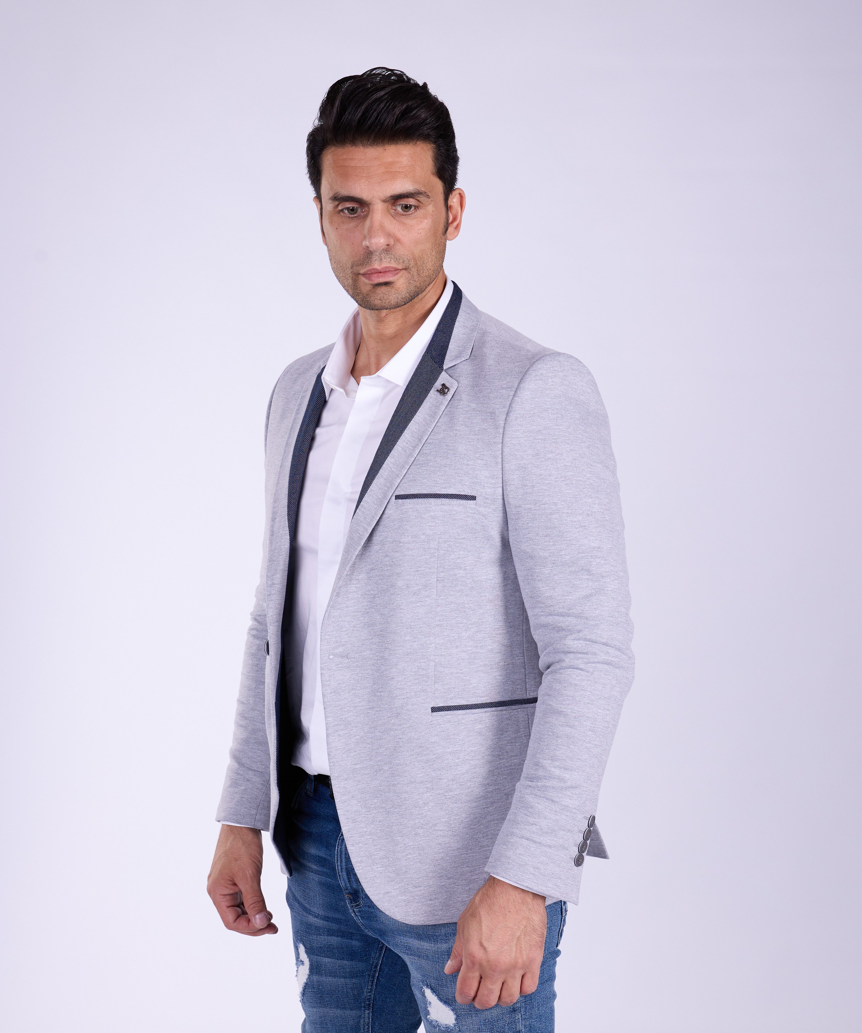 Denim Distriqt Jerseysakko Jersey Sakko mit Jeanskragen Grau Gr. 56 entspri günstig online kaufen