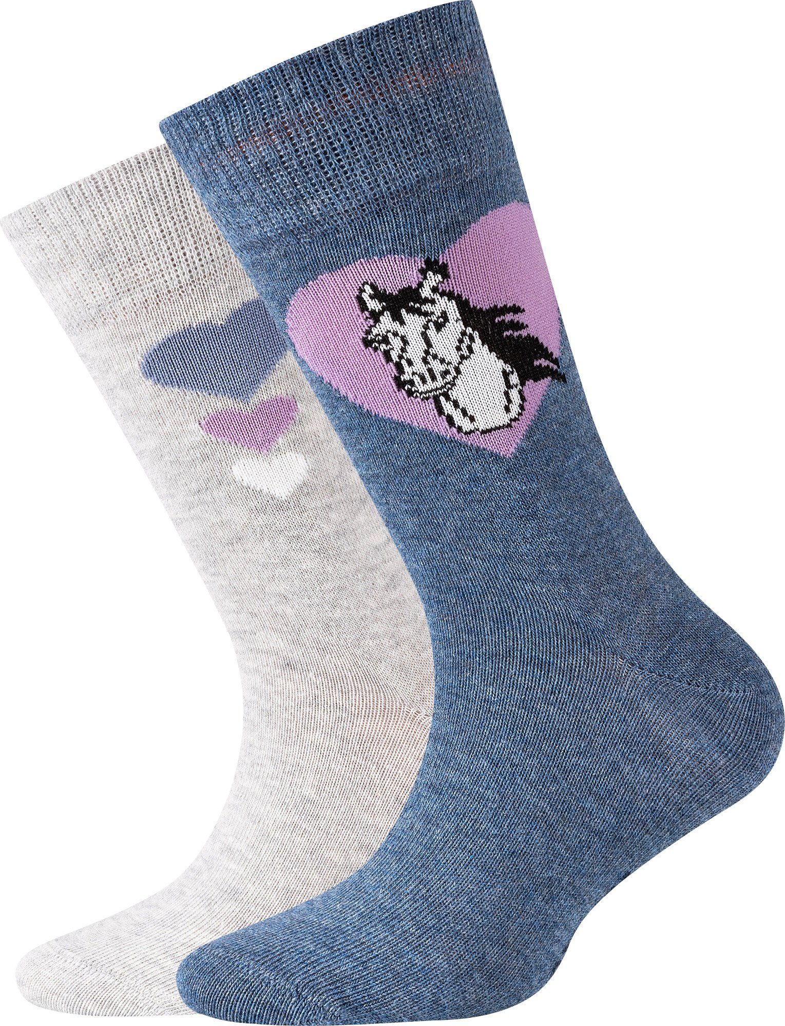 Kinder-Socken Motiv: 2 jeansblau/hellgrau Paar Socken Pferd, Herzen meliert Camano