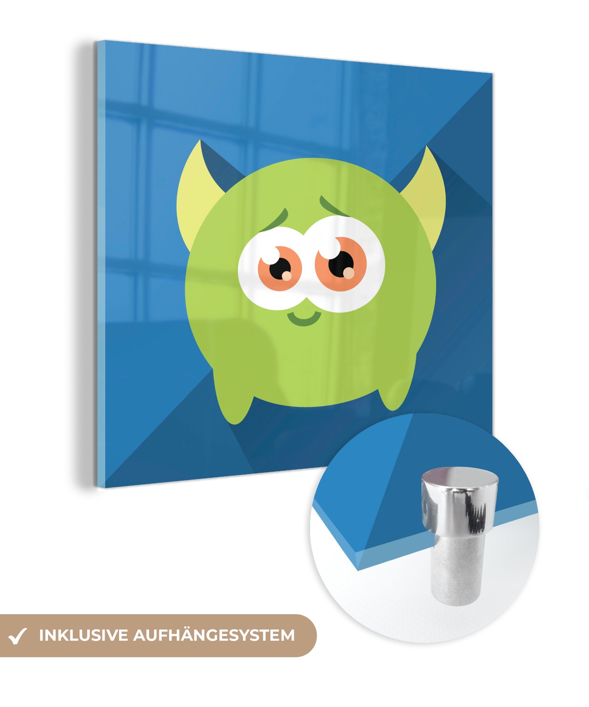 MuchoWow Acrylglasbild Kinderbuch Illustration grünes Monster, (1 St), Glasbilder - Bilder auf Glas Wandbild - Foto auf Glas - Wanddekoration