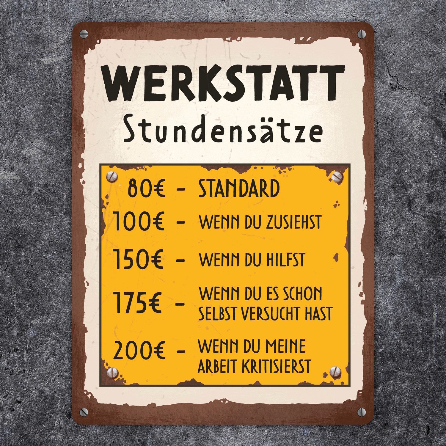 speecheese Metallschild Werkstatt Stundensätze Metallschild XL in 21x28 cm günstig online kaufen