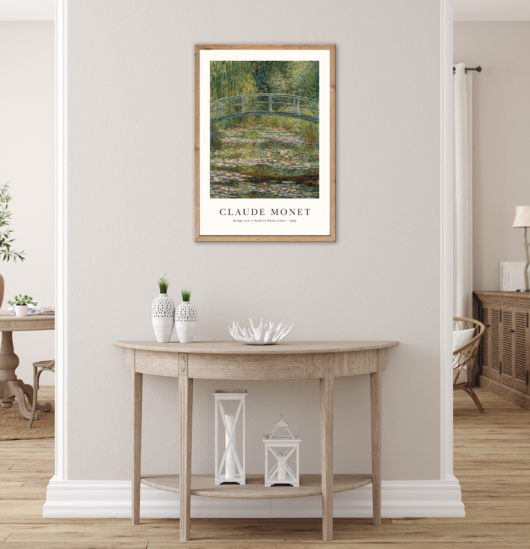 Bönninghoff Bild mit Rahmen Wandbild gerahmt BRÜCKE ÜBER SEEROSEN 50x70 cm – Sommerliches, Brücken, Garten, Wasser, mit dekorativem Rahmen