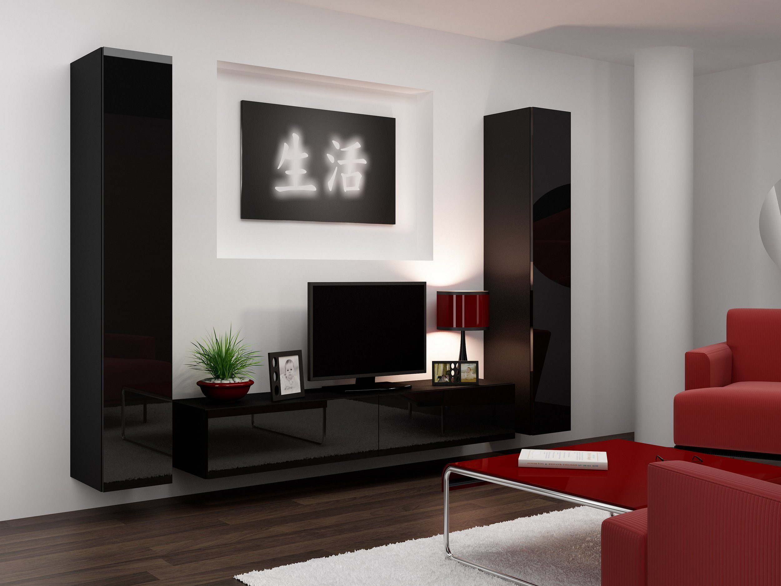 Stylefy Wohnwand Vago IV B, (Set (3-St), Wohnmöbel, Wohnzimmer-Set), bestehend aus 1xLowboard und 2xHängeschrank, Hochglanzfronten, mit Push-to-Open, Modern Design Schwarz/Weiß
