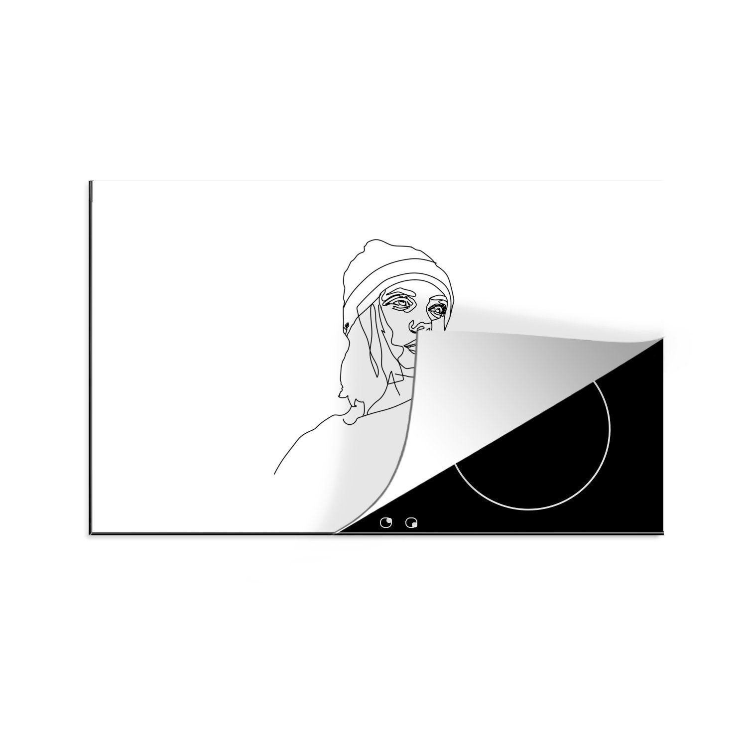MuchoWow Herdblende-/Abdeckplatte Strichzeichnung - Mütze - Frau, Vinyl, (1 tlg), 81x52 cm, Induktionskochfeld Schutz für die küche, Ceranfeldabdeckung