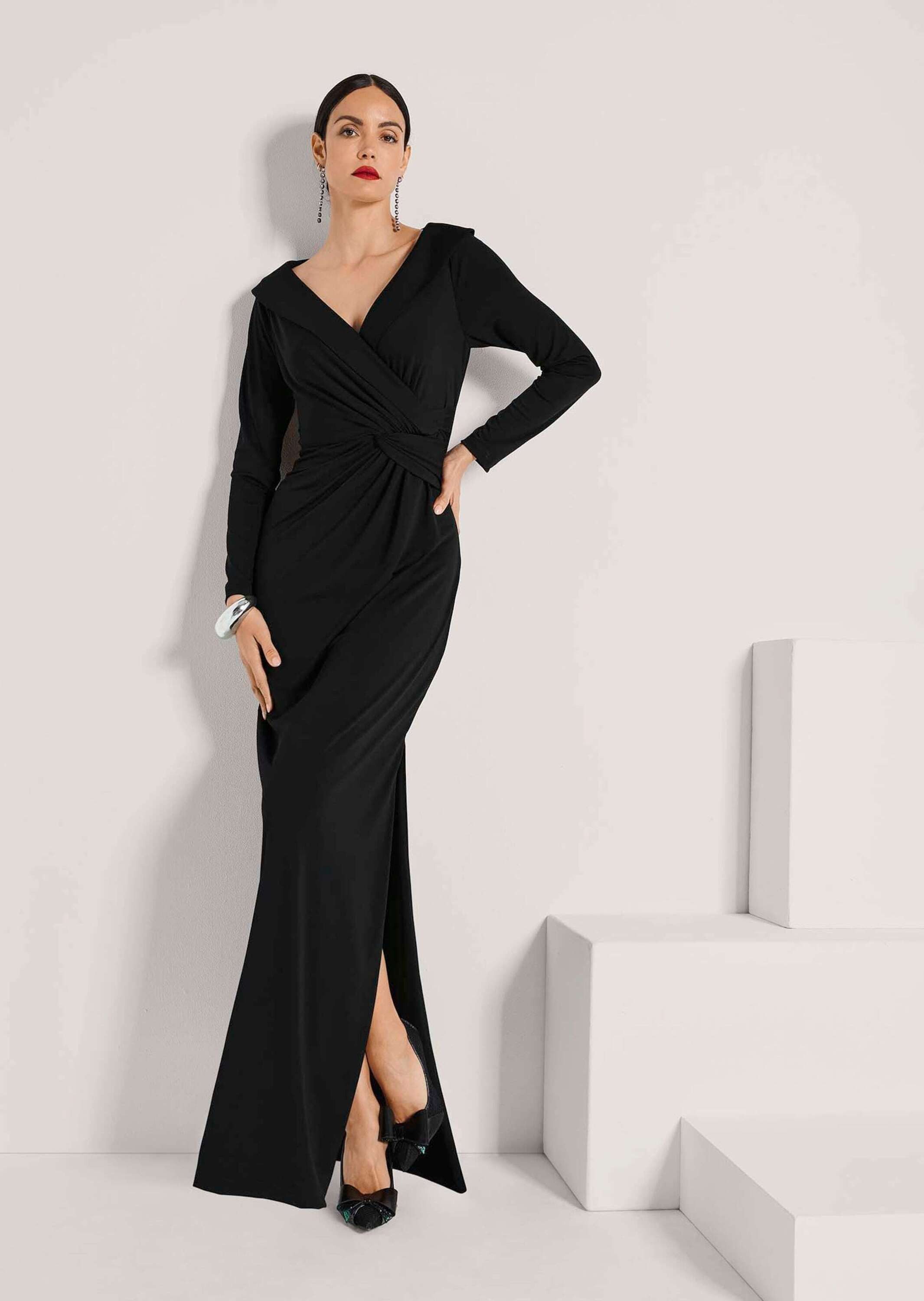 MADELEINE Maxikleid Elegantes Stretchkleid in Wickel-Optik Maxikleid mit V-Ausschnitt, Knöchellänge, Schlitz und Langarm