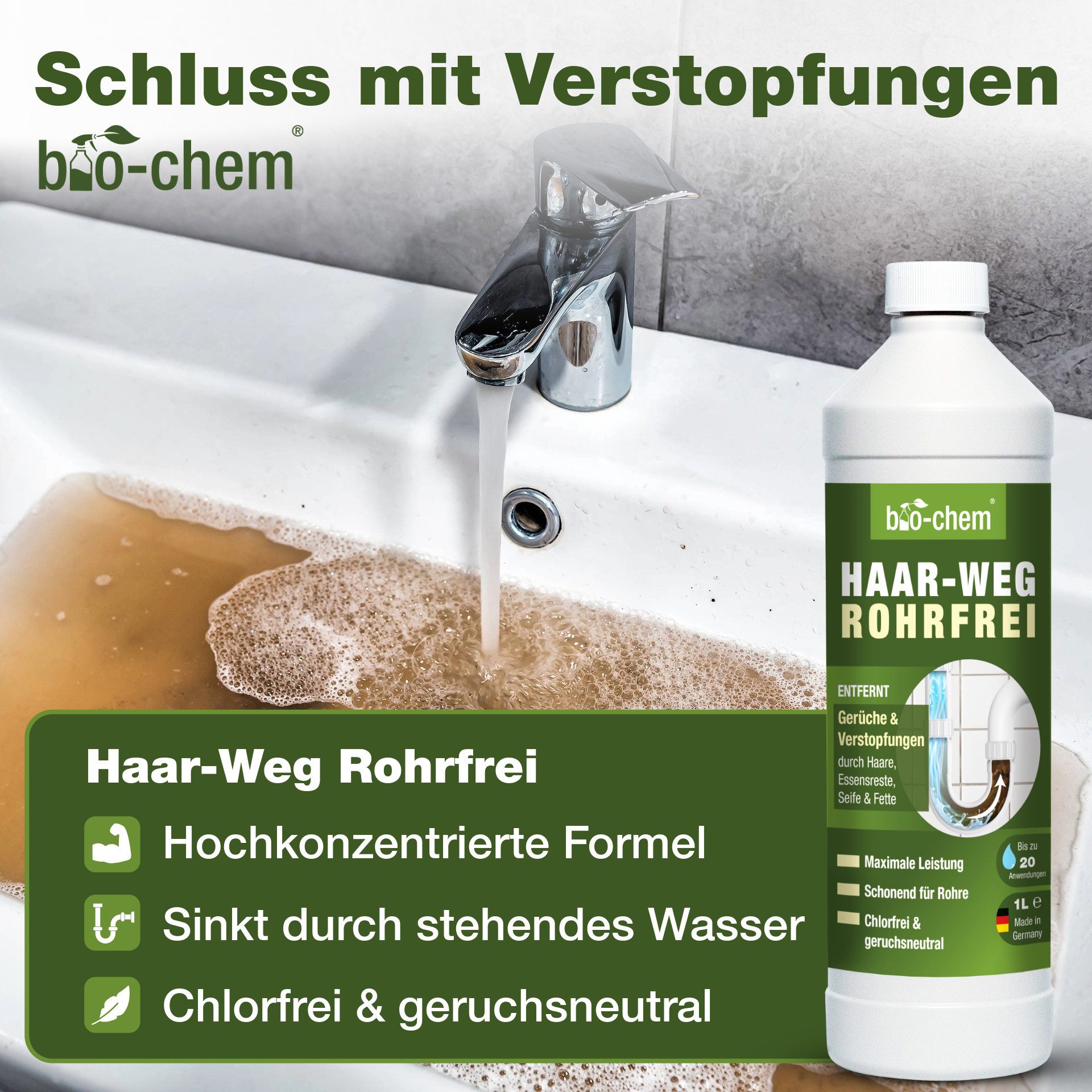 bio-chem Bad Reinigungsset 2-teilig – Abflussreiniger & Urinsteinentferner Badreiniger (Bad-Spezialmittel 2-teilig)