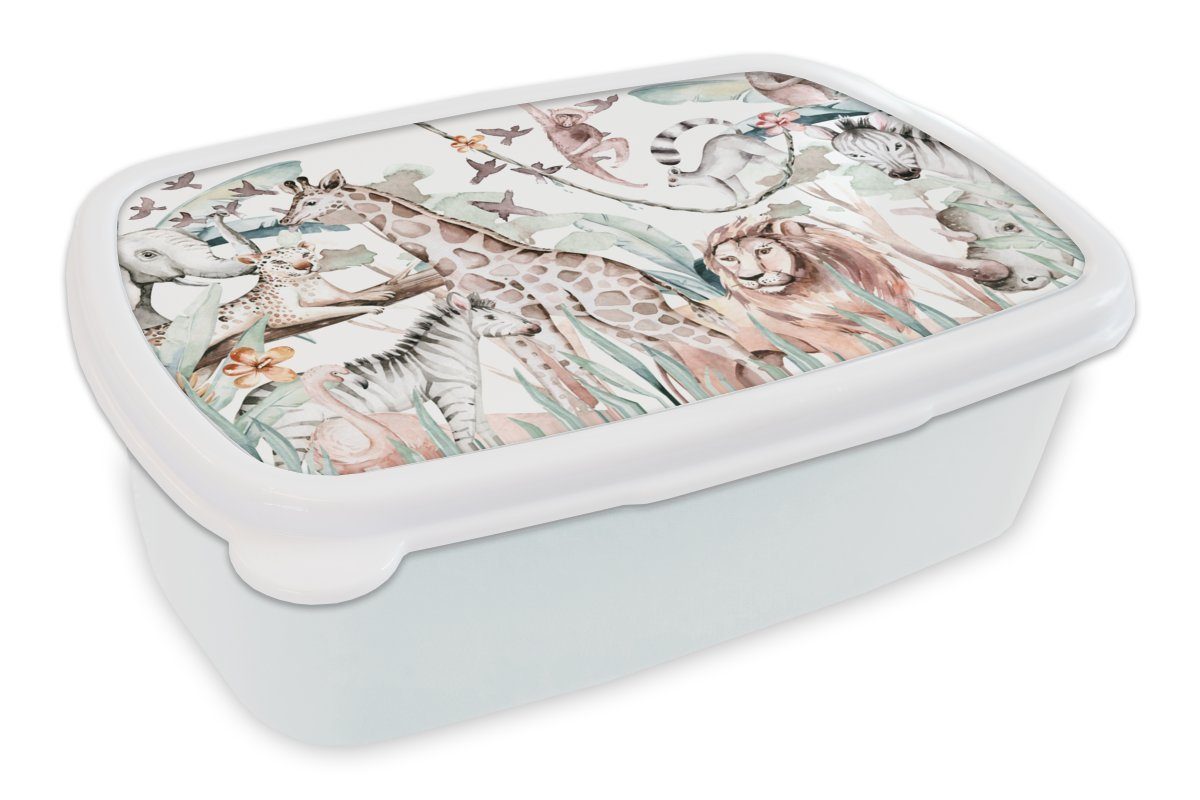 MuchoWow Lunchbox Aquarelle - Tiere - Pflanzen - Pastell - Jungen - Mädchen - Kinder -, Kunststoff, (2-tlg), Brotbox für Kinder und Erwachsene, Brotdose, für Jungs und Mädchen weiß