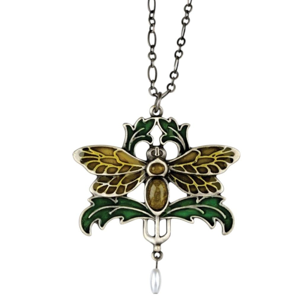Dark-Desires Kette und Anhänger Set Jugendstil Libellen-Anhänger-Kette – Grün & Gold vintage Halskette