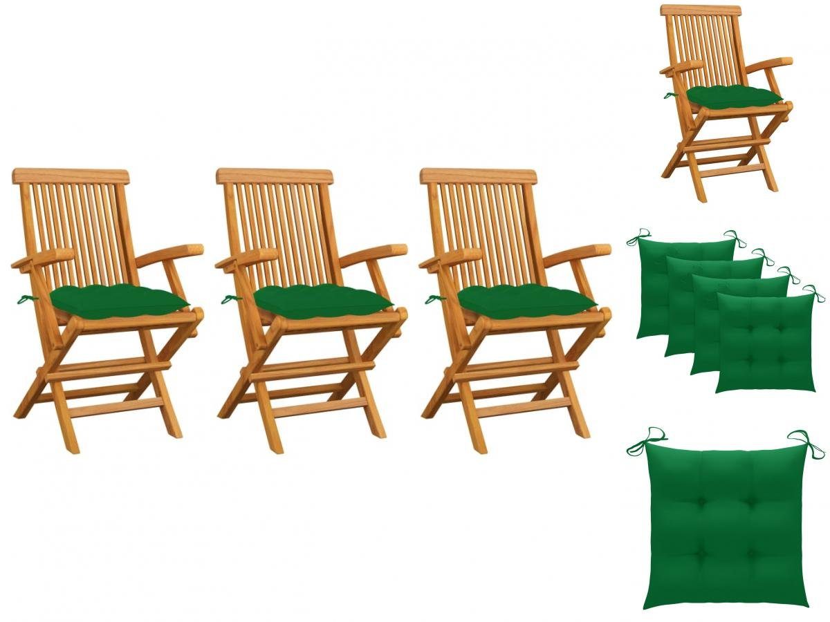 vidaXL Gartenstuhl Gartenstühle mit Grünen Kissen 3 Stk Massivholz Teak Holz