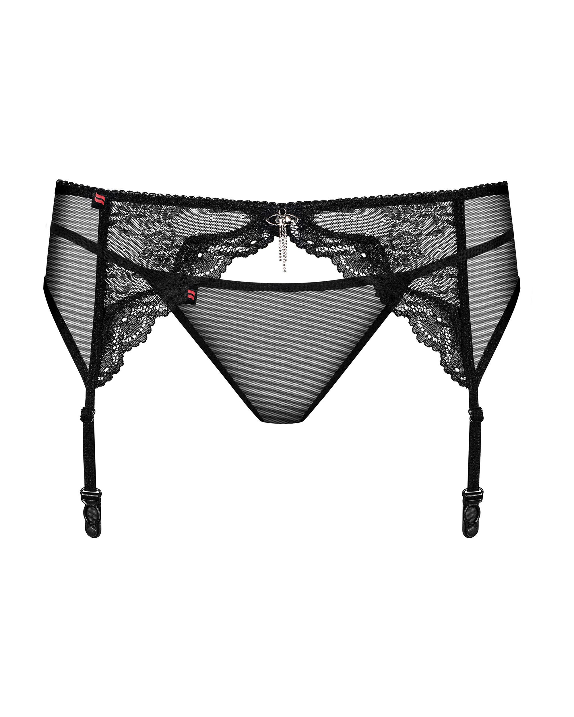 Obsessive Strumpfhalter Strumpfgürtel und String mit Spitze - schwarz, aus blumiger Spitze