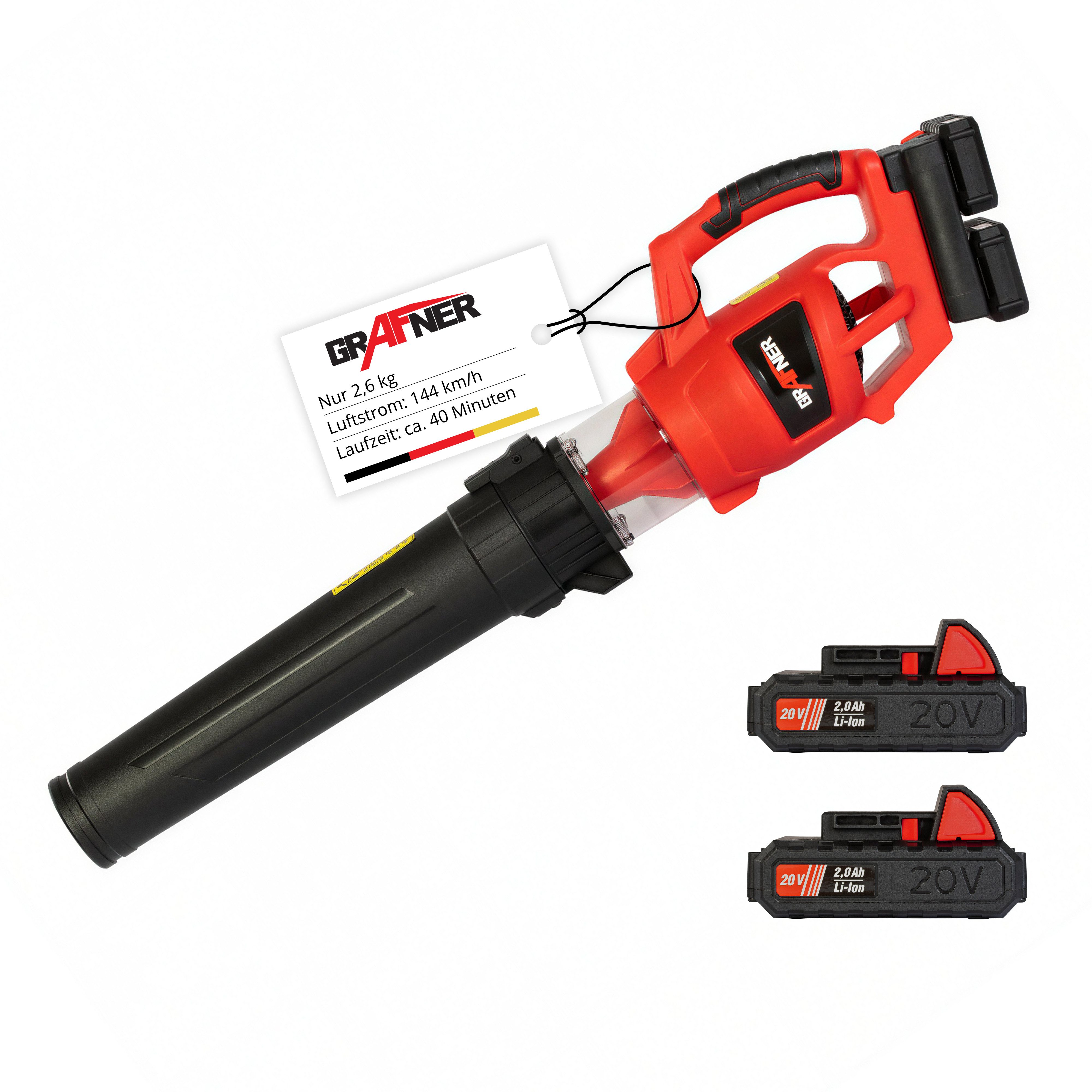Grafner Akku-Laubbläser Laubbläser mit Akku inkl. Schnellladegerät 2 x Akku 20V, 144 km/h Blasgeschwindigkeit, 87 dB Schallleistungspegel