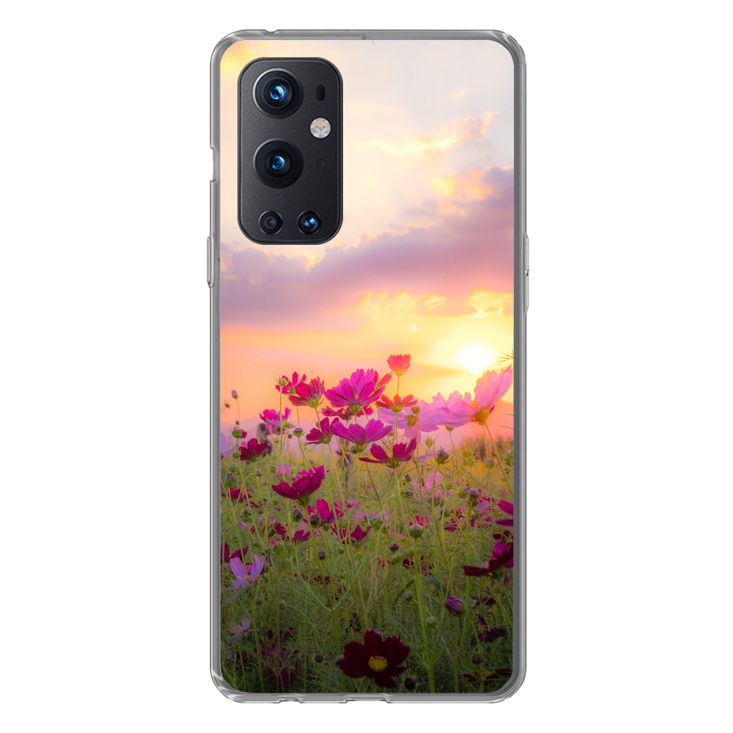 MuchoWow Handyhülle für OnePlus 9 Pro Sonnenuntergang - Blumen - Rosa - Natur - Grün, Phone Case, Silikon, Schutzhülle Dünn