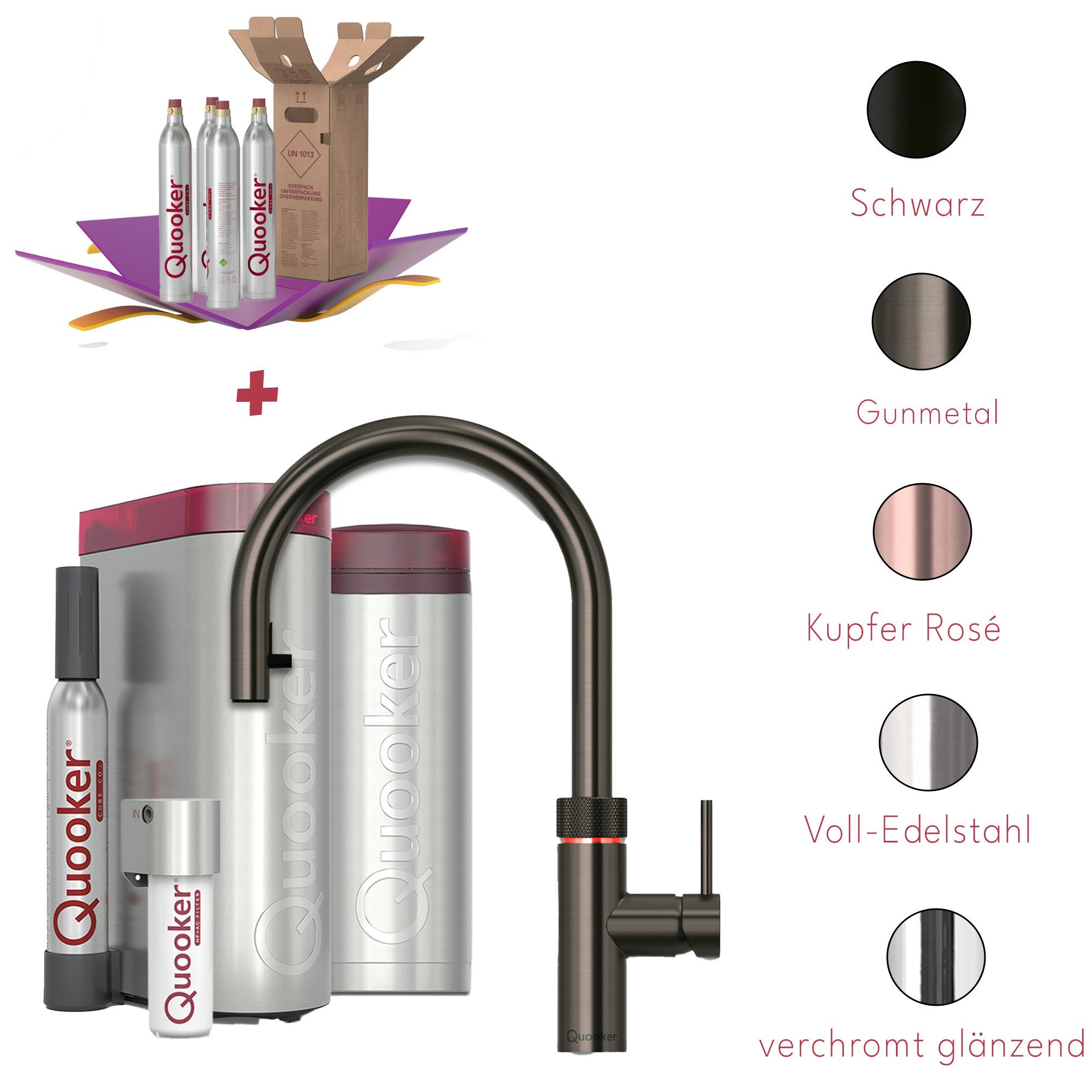QUOOKER Küchenarmatur Quooker PRO3 & CUBE, Flex inkl. Cube-Filter (4x CO₂ gratis) (Spar-Set, Armatur mit PRO3 und CUBE für kochendes, gekühltes, sprudelndes Wasser) Kochendwasser, Sprudel, stilles wasser, Kindersicherung, Flexschlauch