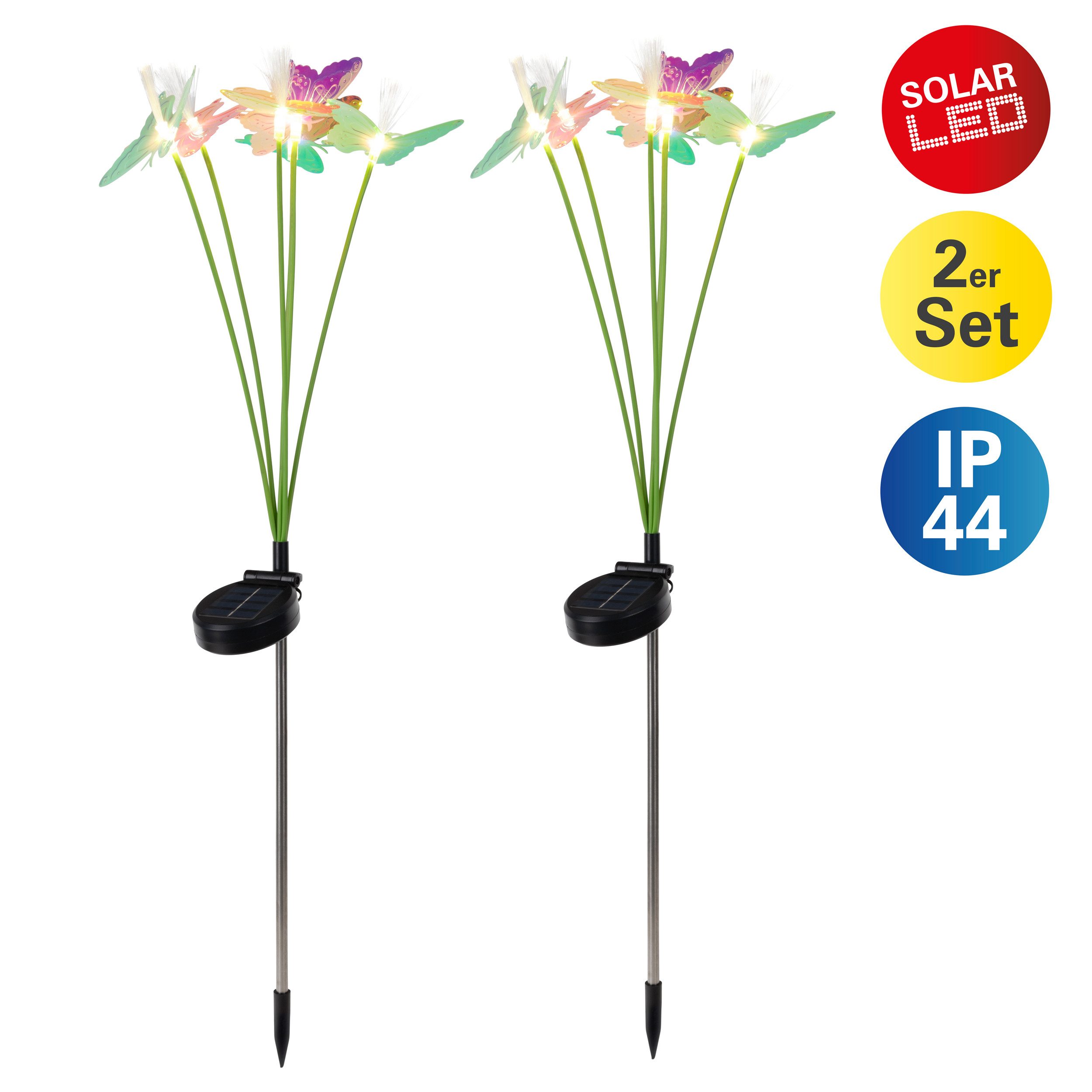 näve LED Solarleuchte Mariposa, LED fest integriert, Warmweiß, 2er-Set Dekoerdspieß, je 6 Schmetterlinge, je 6 LED, H: 70cm, bunt
