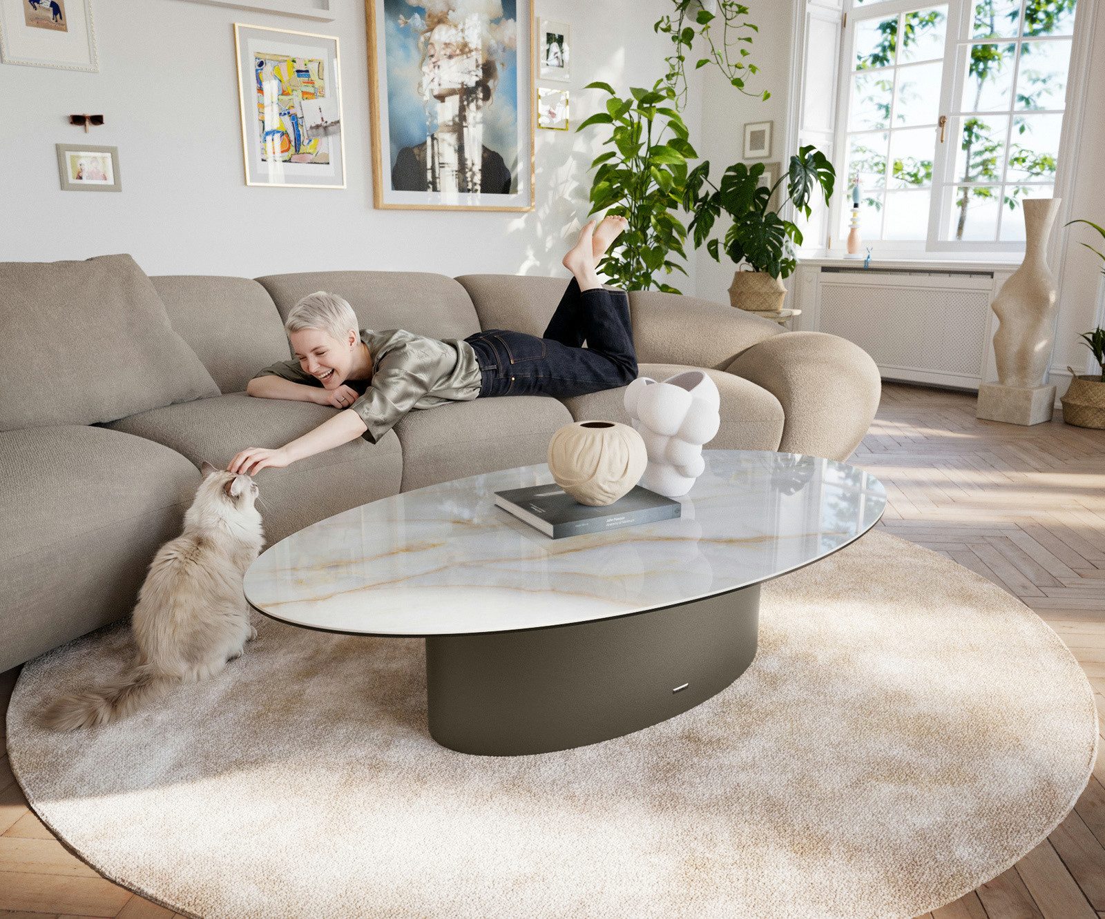 DELIFE Couchtisch Edge, Oval 140x75 cm, Weiß/Beige | Titanfarbig, Gr. Gerade Kante Oval