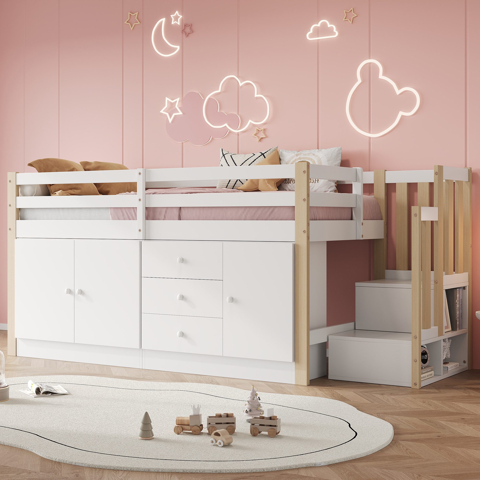 Merax Hochbett Kinderbett 90x200cm mit Stauschränken Schubladen Wäschestang günstig online kaufen