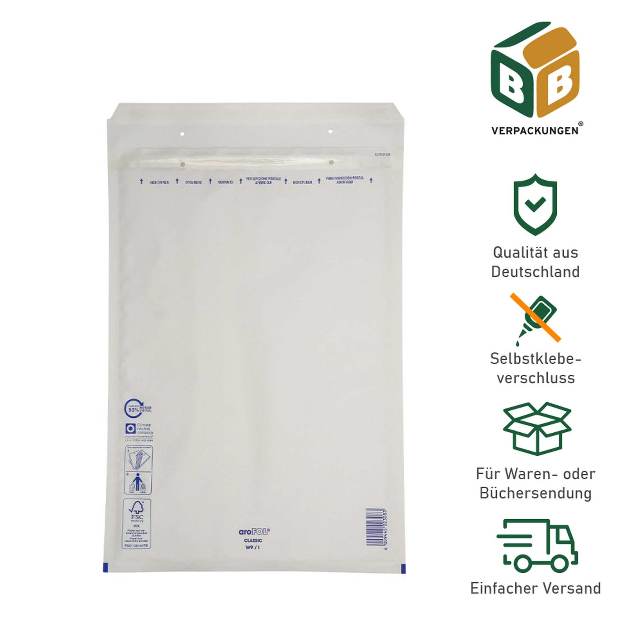 BB-Verpackungen Versandtasche Luftpolsterversandtasche, 320 x 455 mm, Größe: 9 / I, Weiß