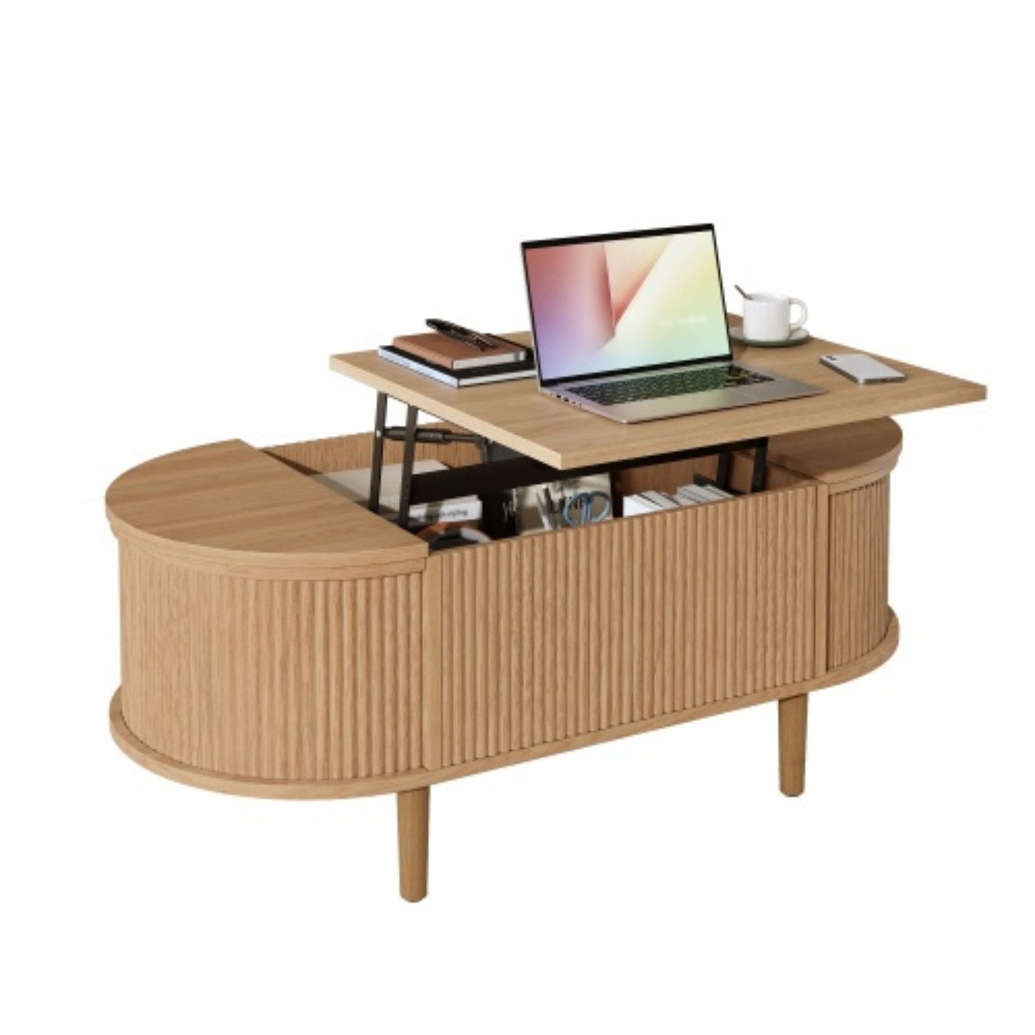 ANYSUN Couchtisch Ovaler Sofatisch, höhenverstellbar, mit multifunktionalem Stauraum, (1-St), Massivholzbeine, Klappfach, einfache Montage, für Wohnzimmer
