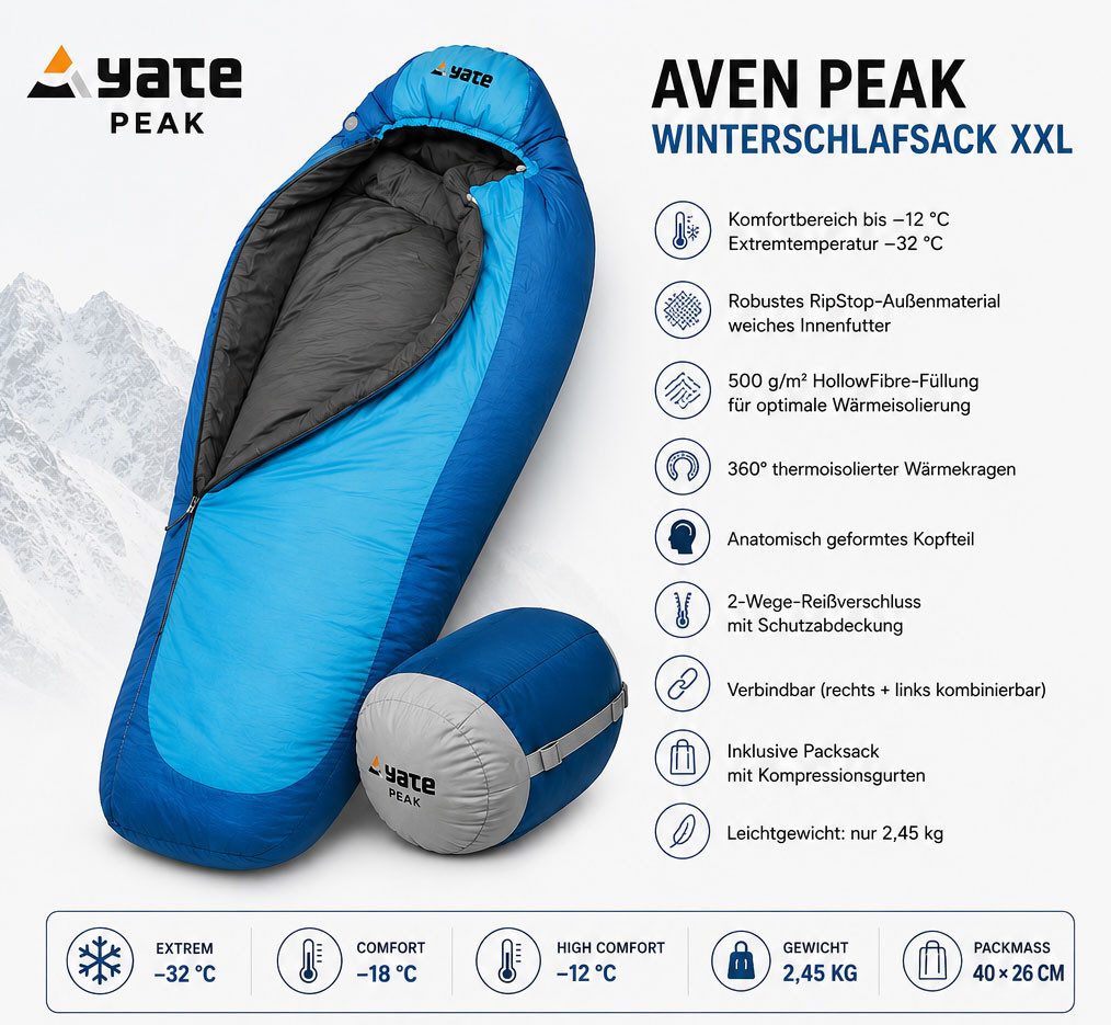 Yate Mumienschlafsack Aven PEAK XXL Extrem Schlafsack Mumienschlafsack Partnerschlafsack, als Partnerschlafsack geeignet