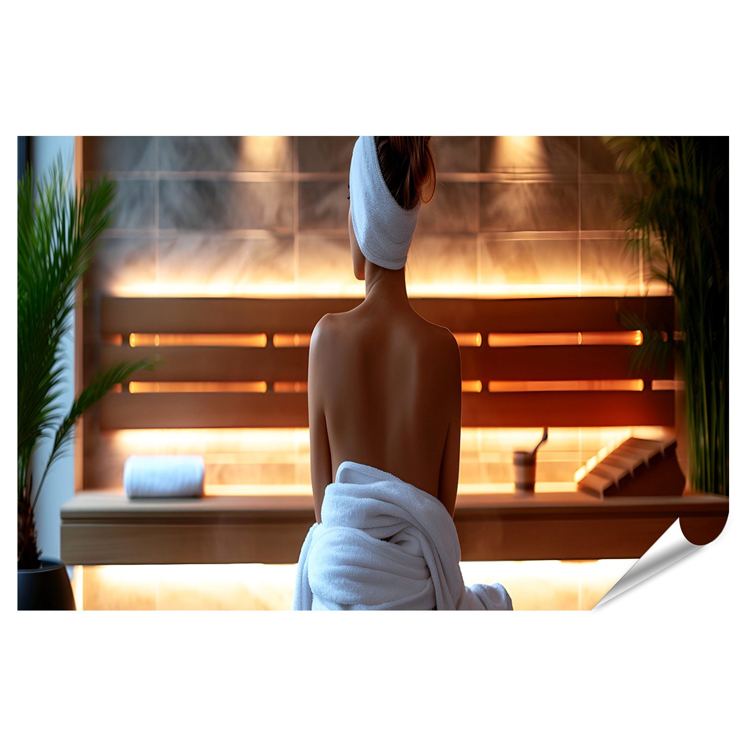 islandburner Poster Silhouette einer Frau mit Handtuch im Rücken in Sauna Wellnessbereich