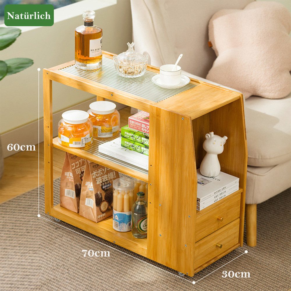 TUWENA Beistelltisch Beistelltisch mit Rollen, Couchtisch Schublade, Nachttisch Stubentisch, Bambus Sofatisch für Wohnzimmer, Schlafzimmer, Balkon, 70x30x60 cm