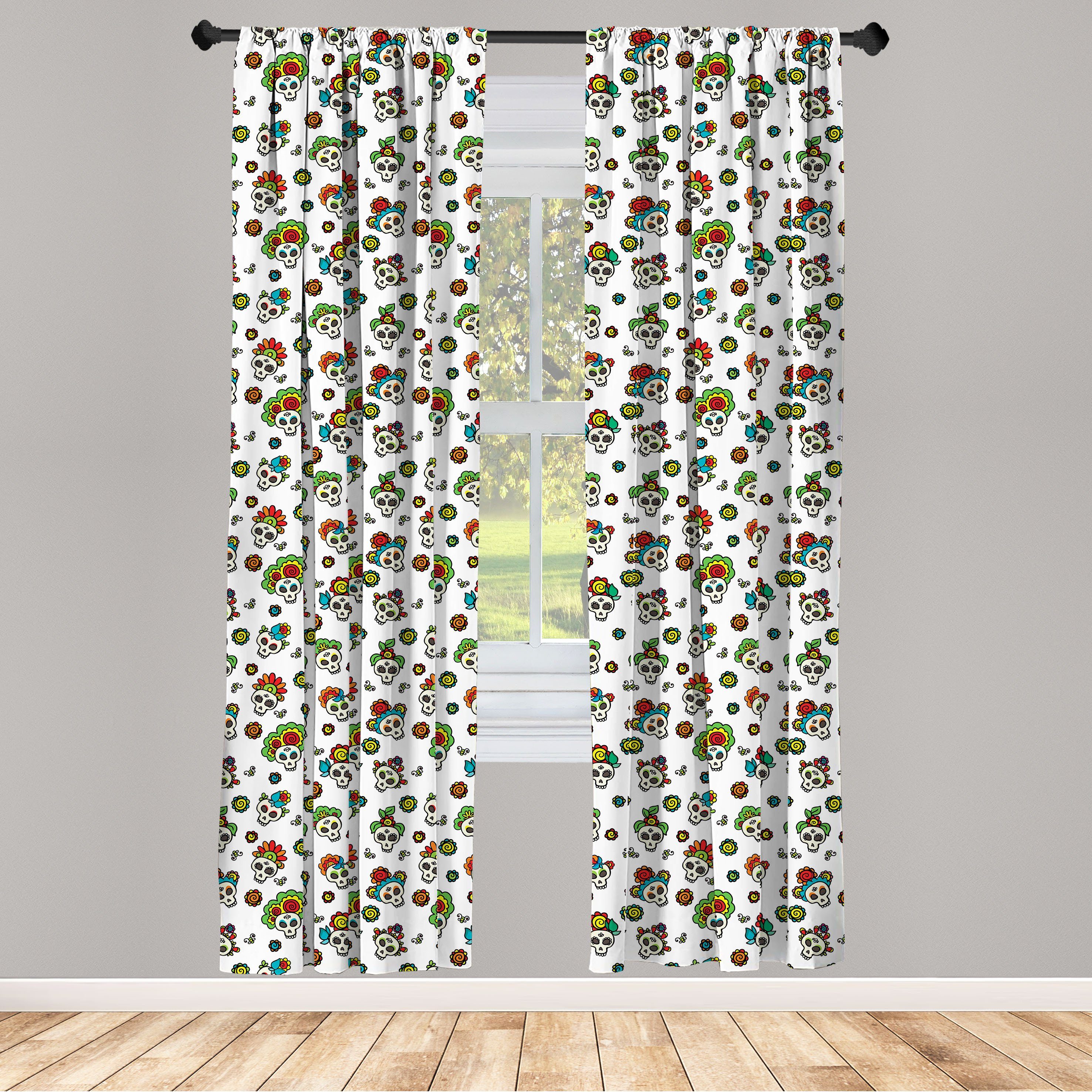 Gardine Vorhang für Wohnzimmer Schlafzimmer Dekor, Abakuhaus, Microfaser, Mexikaner Toten Zuckerschädel-Blumen