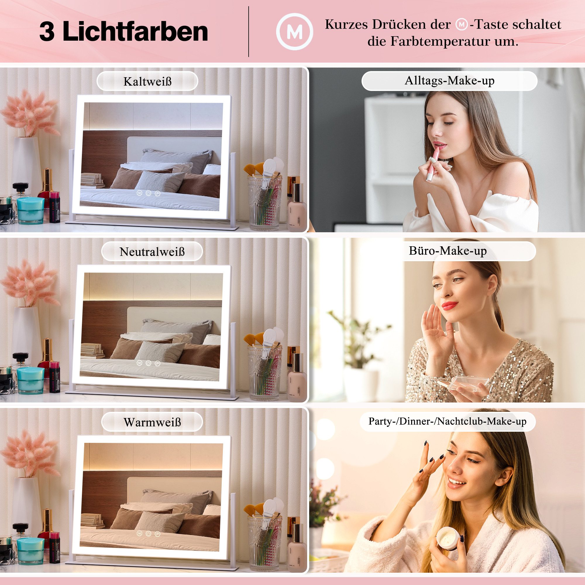 GIMBELEN Schminkspiegel mit Beleuchtung 42x31 cm Schminkspiegel (1-St), 3 Farbtemperaturen, Dimmer, 360° Drehung, Touch, USB-C, 3X Zoom – Bild 3 von 5