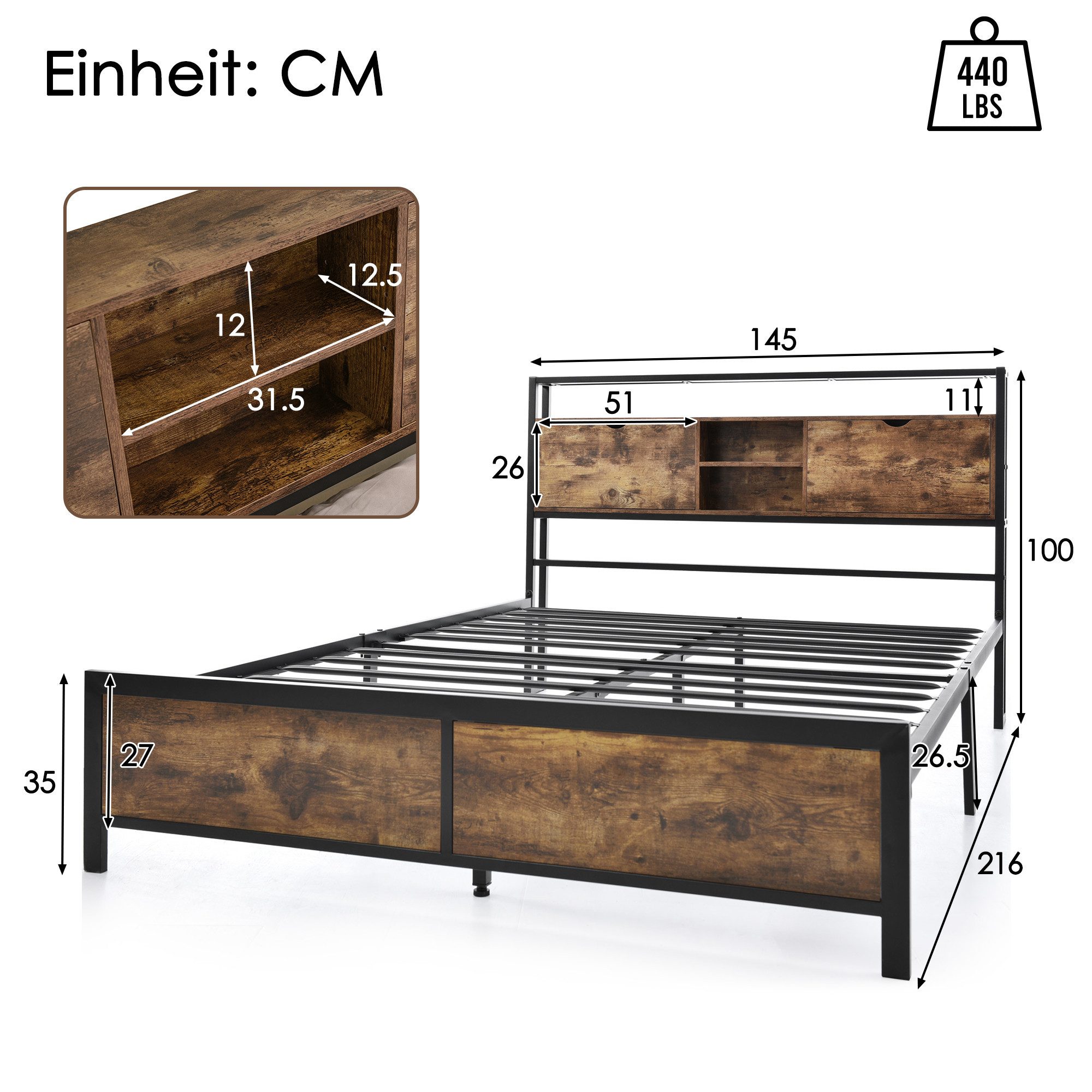 Luckice Upholstered Metal Bed, Youth Bed, Double Bed 140 x 200cm (with storage headboard and metal slatted base, children's bed, metal bed frame), For adults, children, and teenagers