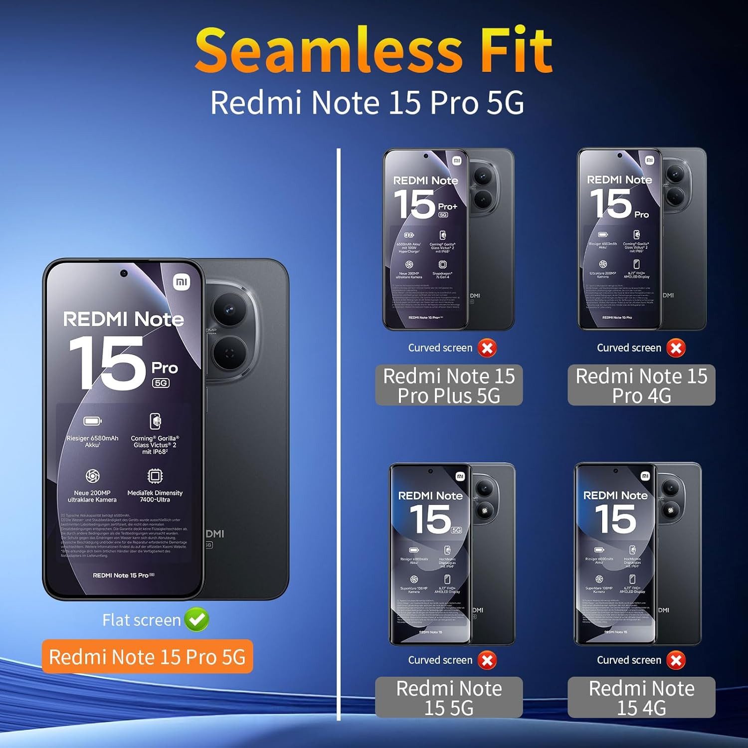 CLM-Tech Displayschutzglas 3X für Xiaomi Redmi Note 15 Pro 5G 6,83 Zoll, (Nicht 4G) Panzerglas Folie - Blasenfreie Anbringung und kratzfest -, 3 Stück, Anti-Fin – Bild 2 von 5
