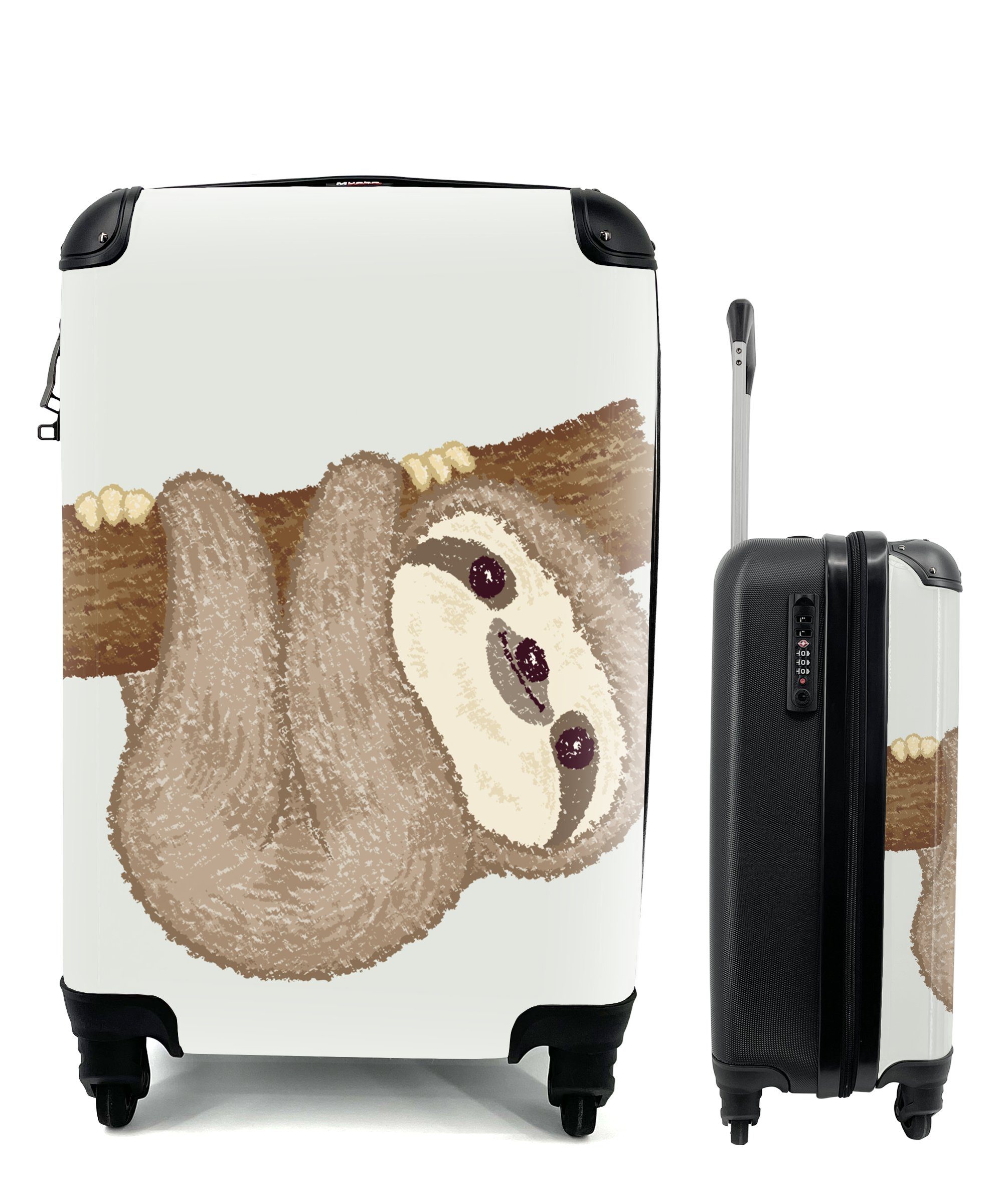 MuchoWow Handgepäckkoffer Illustration eines hängenden Faultiers für Kinder, 4 Rollen, Reisetasche mit rollen, Handgepäck für Ferien, Trolley, Reisekoffer