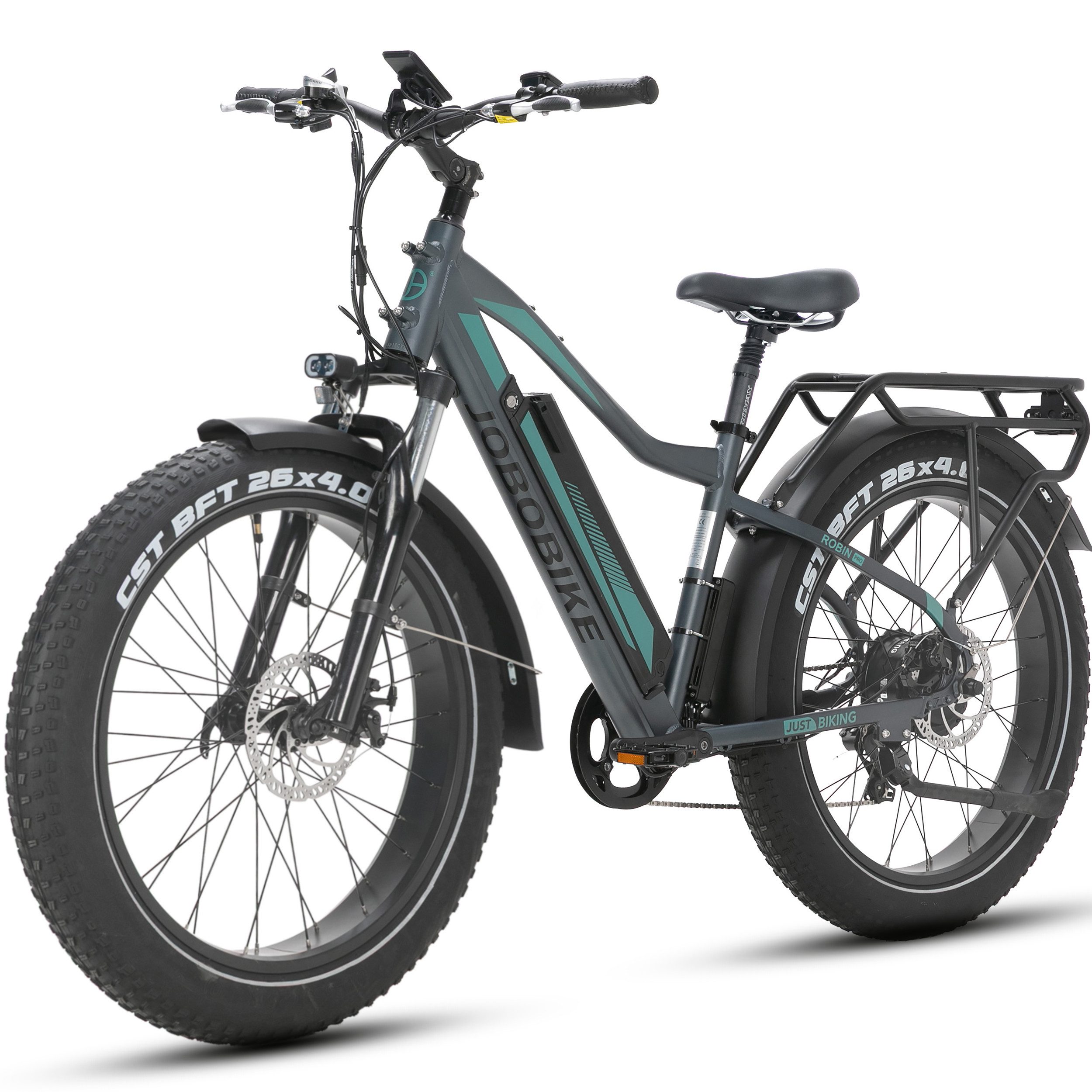 JOBOBIKE E-Bike Mountainbike 26x4 Zoll, Elektrofahrrad, max. 180km, Robin Pro, für Damen und Herren, 8 Gang Shimano, Kettenschaltung, Heckmotor, 960 Wh, Federgabel, Gefederte Sattelstütze, 5 Stufen, Bremslichtfunktion, MTB