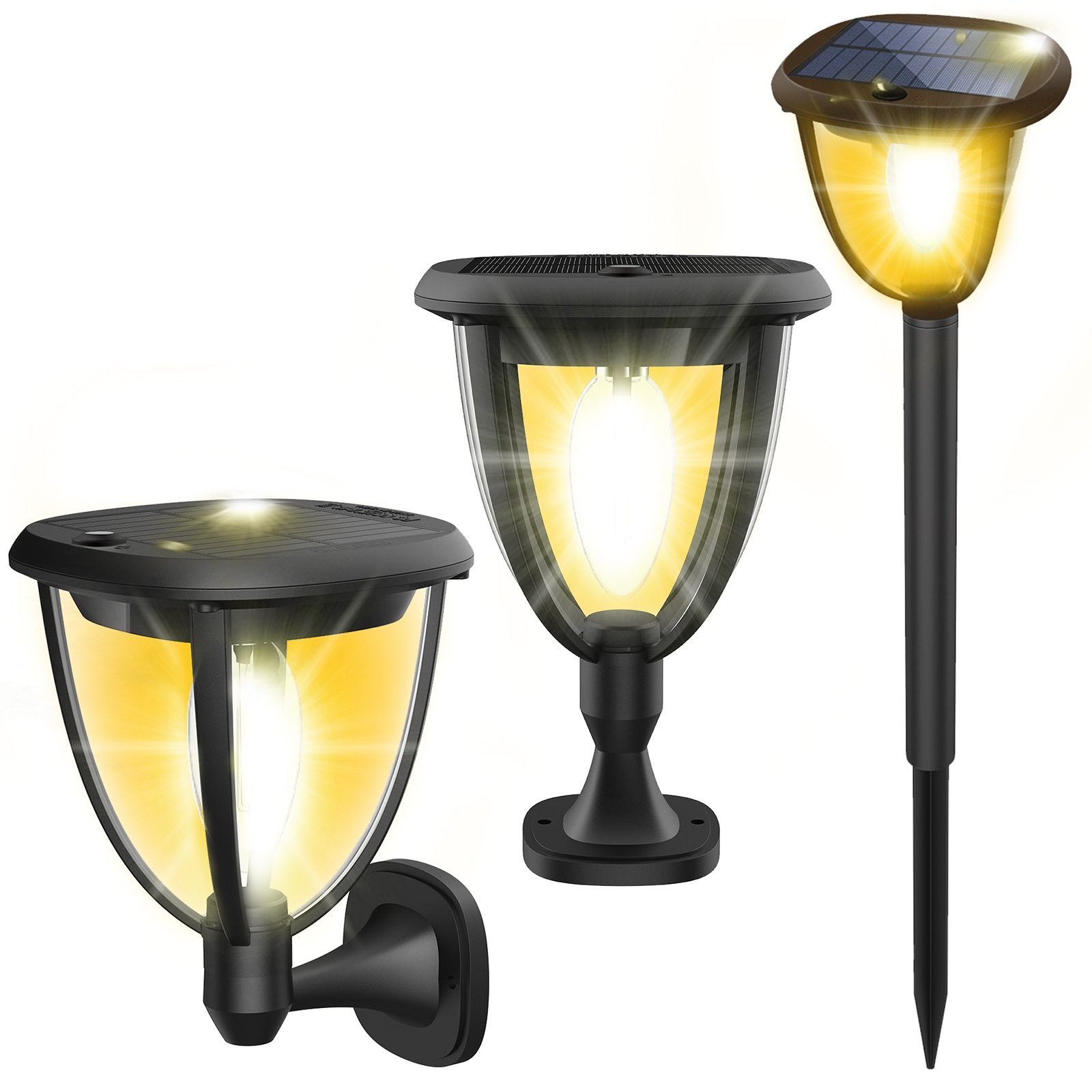 Rosnek LED Gartenleuchte 2 Stück, 3 in 1, Solar, 2 Beleuchtungsmodi, für Zaun Terrasse Garten, Warmweiß, Pfostenlampe, wasserdicht
