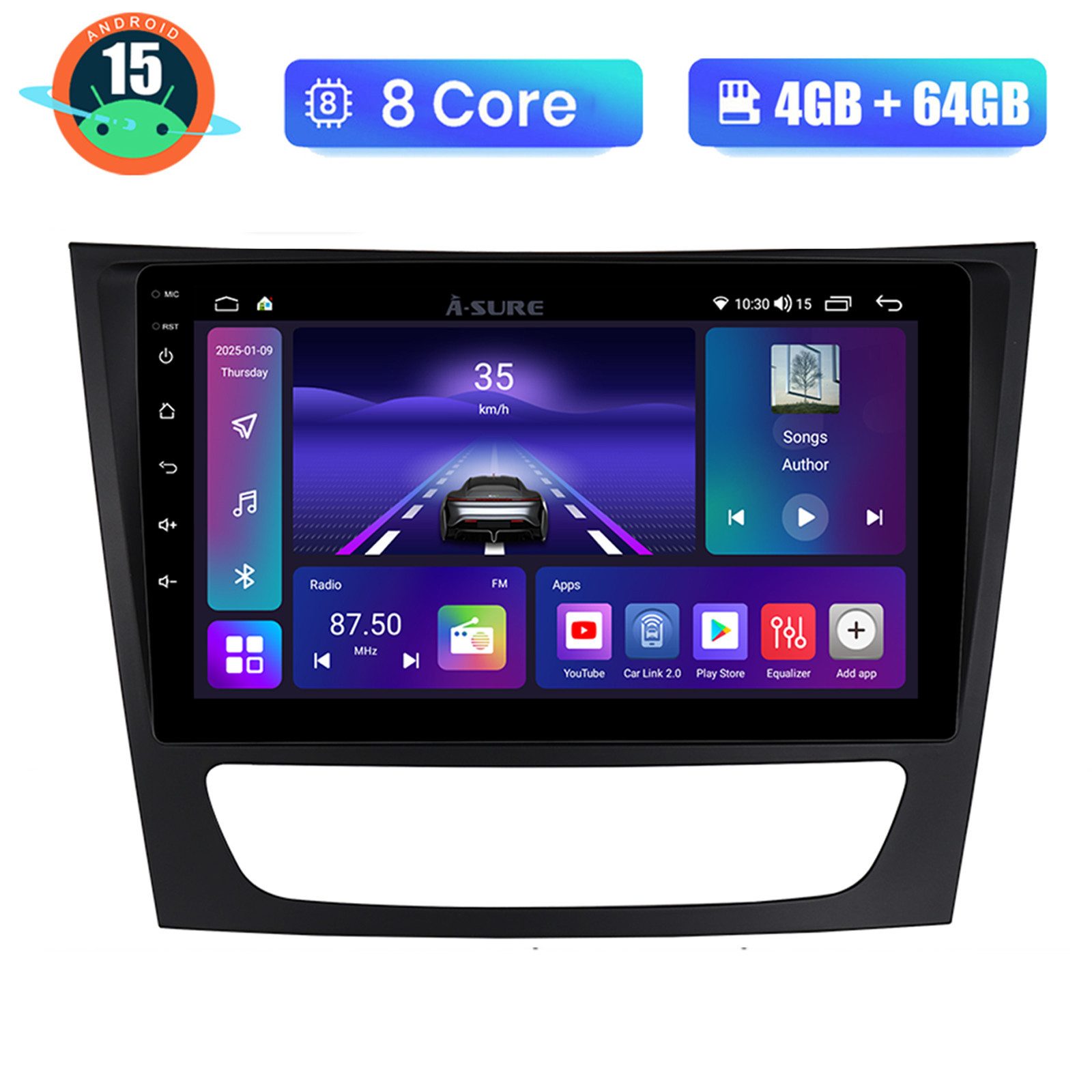 A-Sure 8-Core Android 15 GPS Carplay Für Mercedes E-Klasse W211 W219 Autoradio (4+64GB, Digitalradio (DAB), FM, AM, 1280*720, 8-Core)
