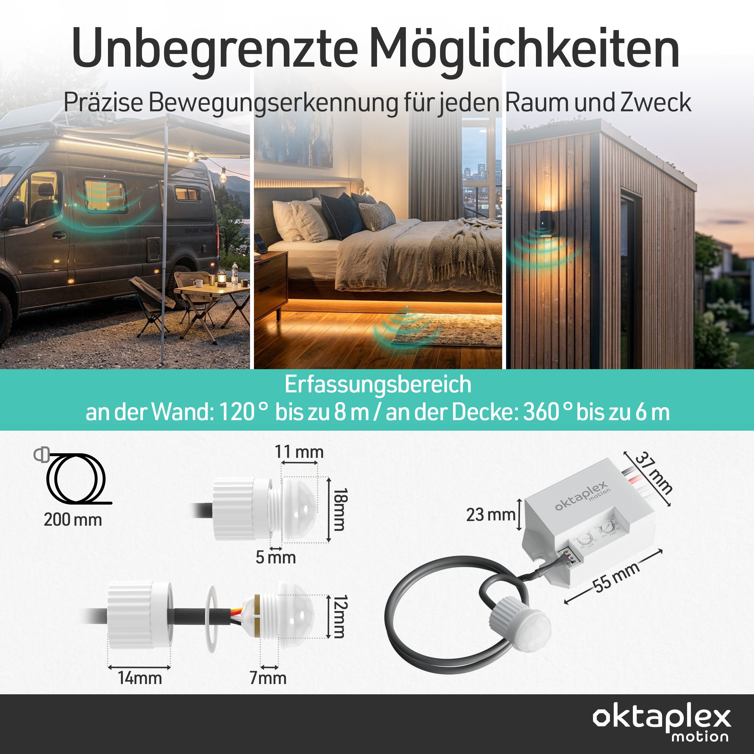 Oktaplex motion Bewegungsmelder 12 - 24V für Innen + außen, (1-St), Mini Bewegungssensor Infrarot 8m 12 - 24V Unterputz weiß