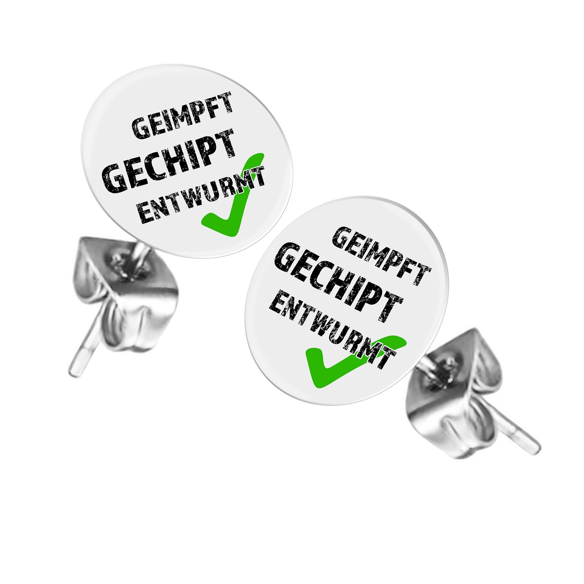 Taffstyle Ohrstecker-Set Ohrstecker Ohrringe Motiv Geimpft Gechipt Entwurmt, Runde Platte Lustiger Schriftzug für Damen und Herren Klein Rund Süß Weiß