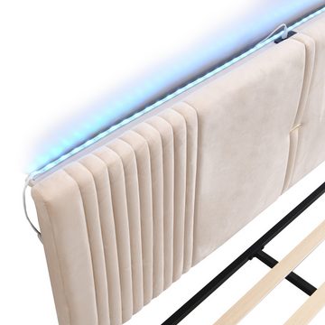 Ulife Polsterbett Doppelbett Jugendbett mit Lichtleiste und USB-Buchse, Rückenlehne und großer Schublade, 140 x 200 cm