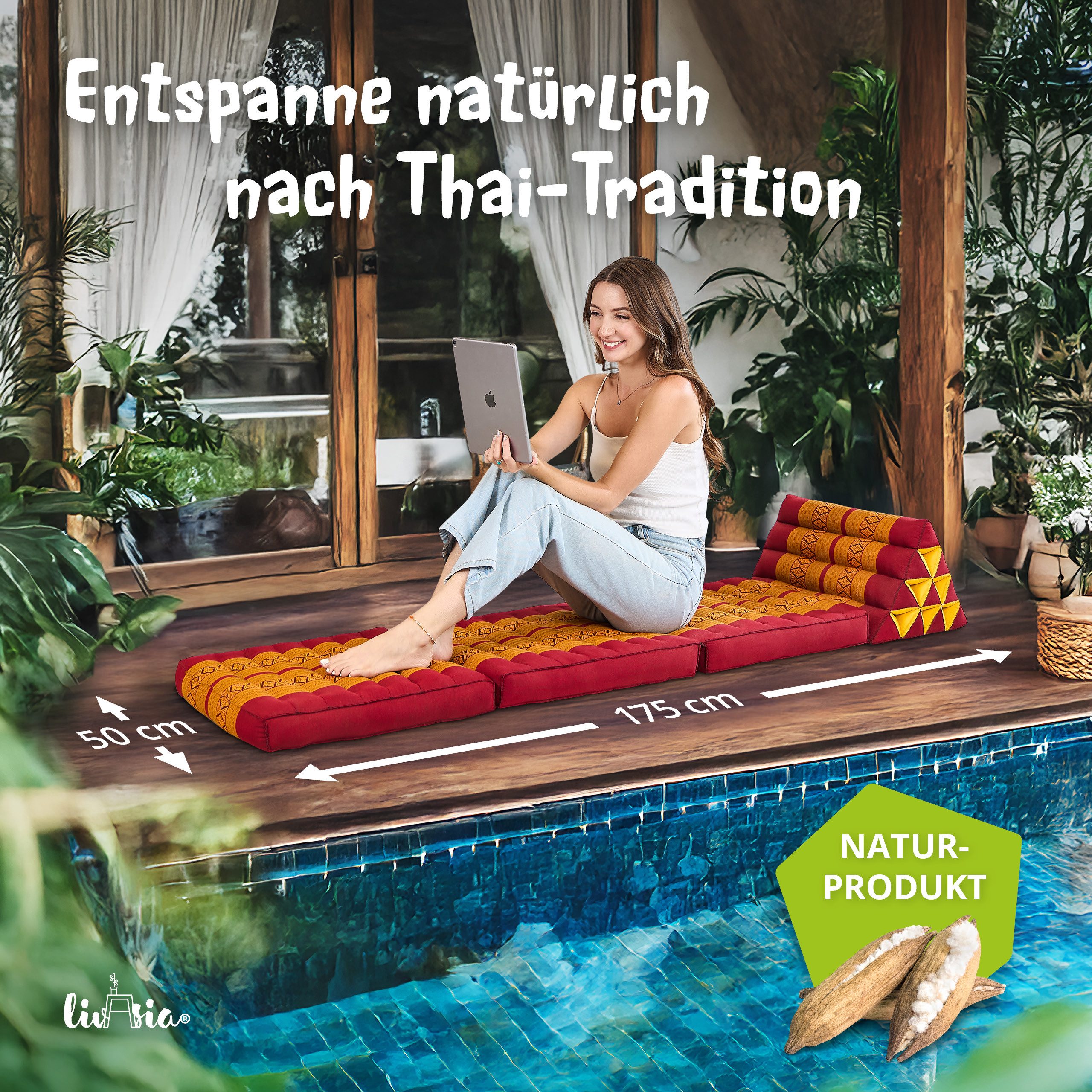 livasia Sitzsack Thaikissen 3 Auflagen (Classic) vegan und handgefertigt, 175x50x8cm, Kapok