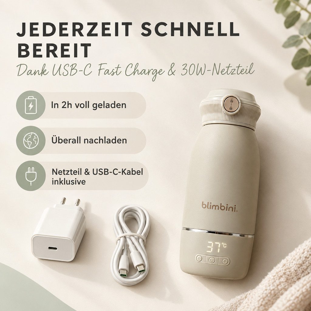 blimbini® Babyflaschenwärmer Pro Max tragbarer Flaschenwärmer Baby unterwegs mit Akku & USB-C, inkl. Schnelllade-Netzteil und USB-C Kabel – Bild 4 von 5