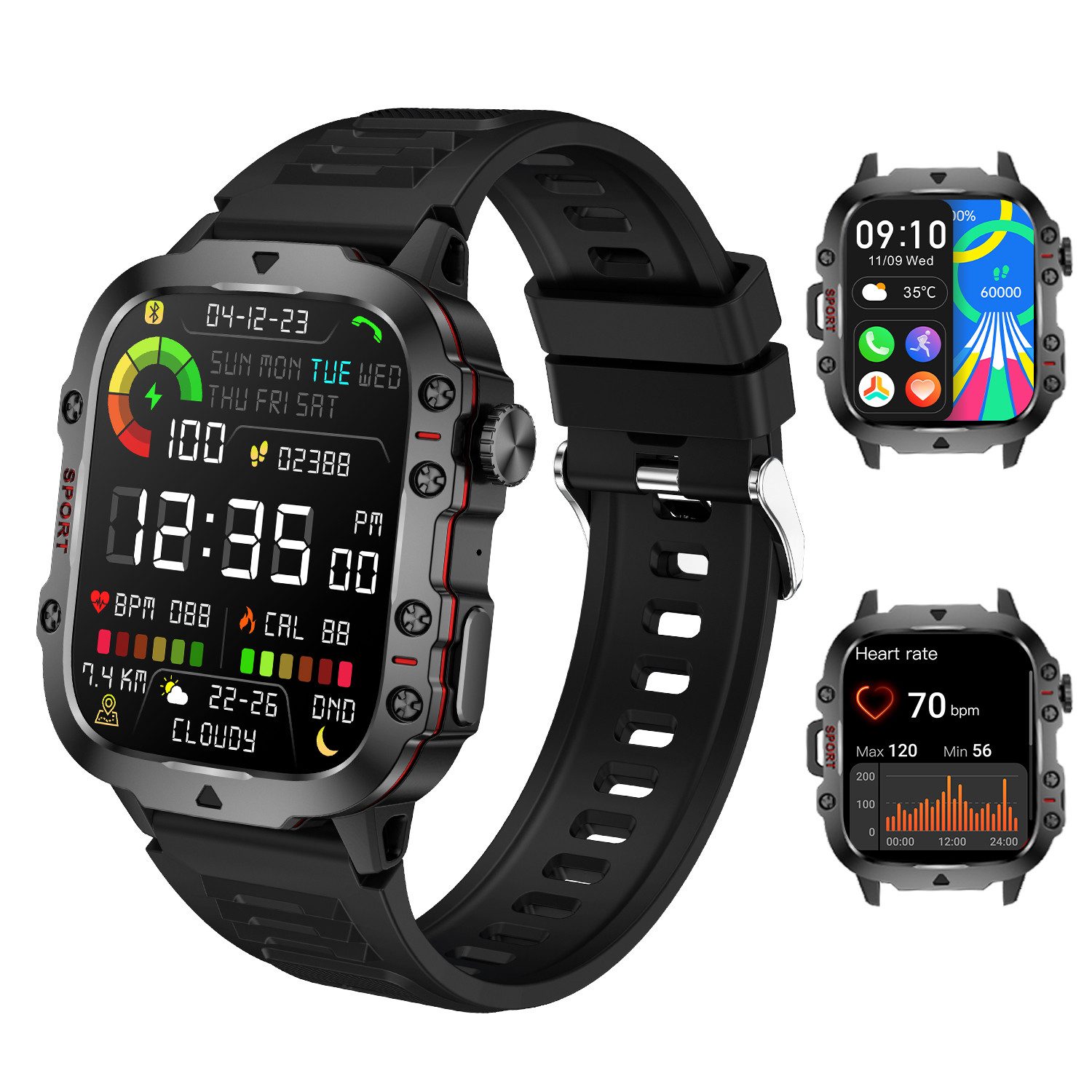 LQWELL Smartwatch für Damen Herren mit Bluetooth-Anrufen Smartwatch (5 cm/1.96 Zoll Full-Touch Zoll) 3ATM wasserdichte Fitnessuhr, mit Herzfrequenzmesser, Schlafmonitor, Schrittzähler, Sportuhr, für iOS und Android