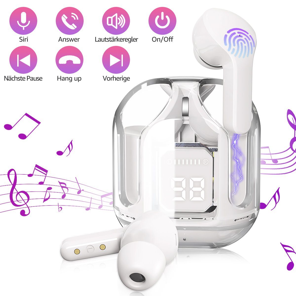 7Magic 2023 NEU Kabellos Kopfhoerer TWS Gaming Kopfhörer Crystal Transparent Bluetooth-Kopfhörer (Bluetooth 5.3 + EDR, Smart Touch Control, ENC Noise Cancelling Bluetooth Kopfhörer) Weiß