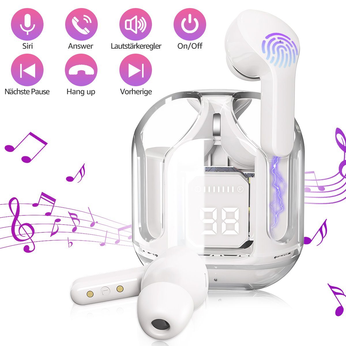 VSIUO 2025 NEU Kabellos Kopfhoerer TWS Gaming Kopfhörer Crystal Transparent wireless In-Ear-Kopfhörer (Bluetooth 5.3 + EDR, Smart Touch Control, ENC Noise Cancelling Bluetooth Kopfhörer)