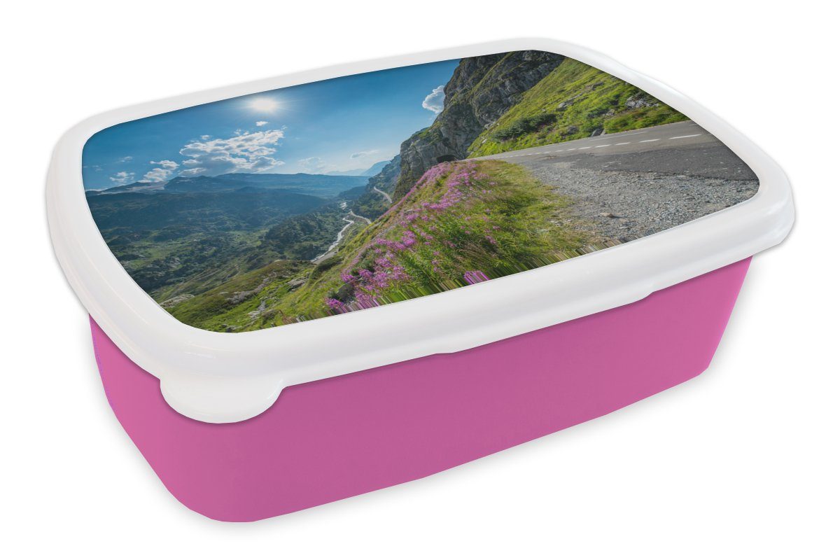 MuchoWow Lunchbox Schweiz - Alpen - Natur, Kunststoff, (2-tlg), Brotbox für Erwachsene, Brotdose Kinder, Snackbox, Mädchen, Kunststoff rosa