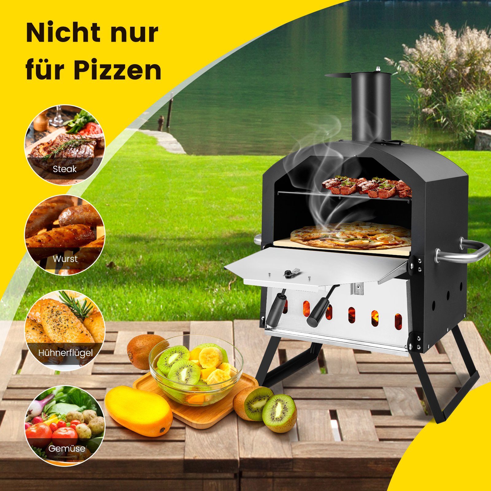 COSTWAY Pizzaofen 2-Schicht Holzofen, Outdoor, mit Pizzastein & Pizzaschaufel – Bild 3 von 5