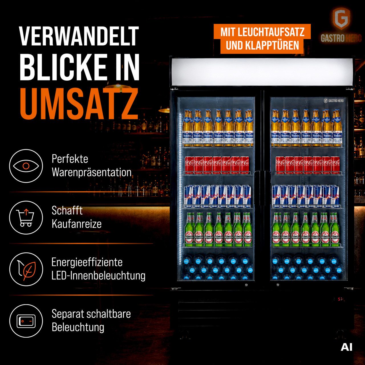 GastroHero Getränkekühlschrank Getränkekühlschrank 1000 L mit Leuchtaufsatz schwarz GKS-1000KT, 209.5 cm hoch, 113 cm breit