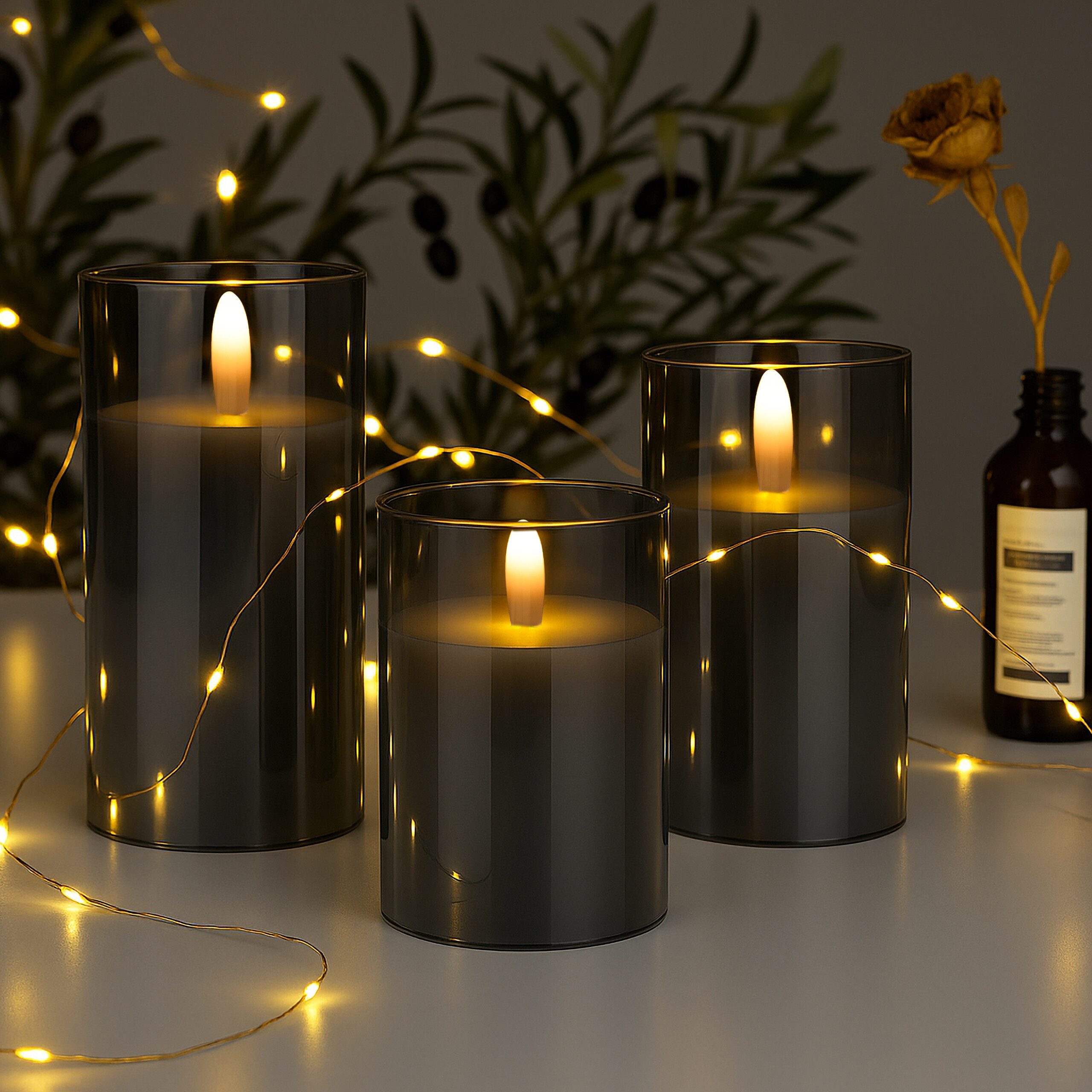 relaxdays LED-Kerze im Glas 3er Set, grau
